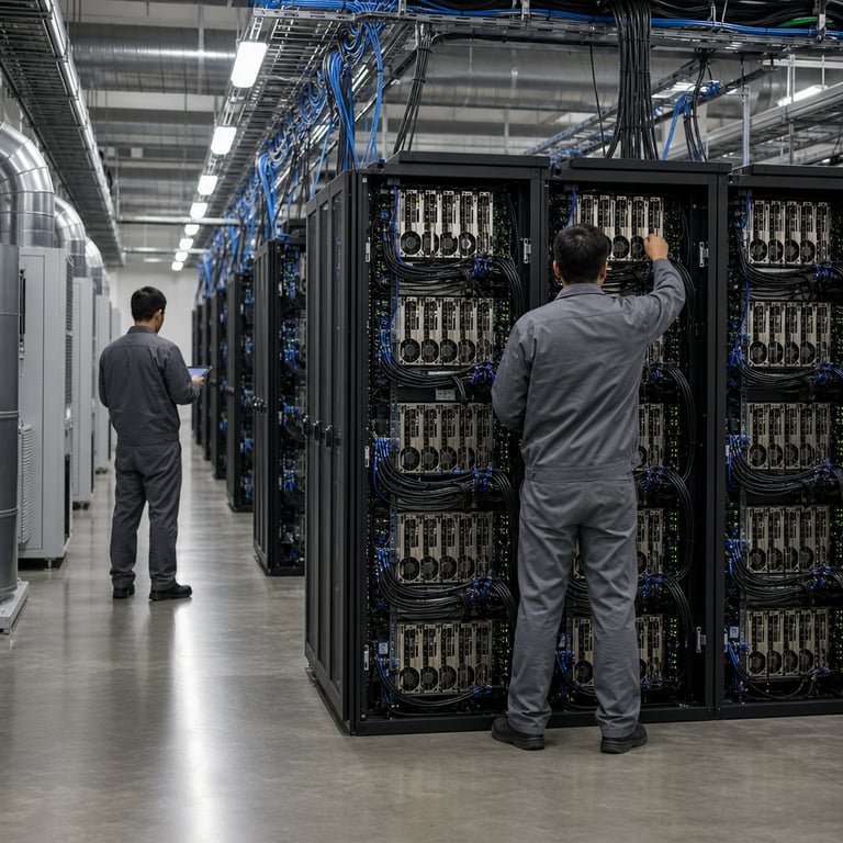Inside a vast enterprise data center facility the scene shows multiple parallel rows of tall black server racks densely packed with visible NVIDIA GPU accelerator cards their metallic heat sinks and cooling fans exposed through open chassis panels thick bundles of black and blue Ethernet and power cables snake along the floors and overhead cable trays connecting the racks to central distribution units industrial grade air conditioning units with large silver ducts line the walls maintaining optimal temperatures while LED status indicators glow in steady patterns across the hardware surfaces several anonymous technicians wearing plain gray coveralls and safety glasses stand with their backs to the camera one technician adjusts connections on an open rack panel another holds a diagnostic tablet device pointed toward the servers without any visible screen content the entire environment features polished concrete floors reflective metal surfaces and uniform fluorescent overhead lighting illuminating the hardware arrays the composition centers on the intersection of two rack rows where the density of computational equipment suggests high performance AI inference workloads running continuously with no people facing the camera no facial features visible no logos badges or markings on clothing or equipment and no textual elements anywhere in the frame the background extends into deeper rows of identical racks fading into soft focus emphasizing the scale and uniformity of the installation this real world setting directly represents the deployment environment for advanced diffusion based large language models such as those developed by Inception achieving frontier level performance metrics in production inference scenarios the hardware configuration with NVIDIA components illustrates the reduced latency and cost advantages highlighted in the model release while the overall industrial atmosphere conveys the practical production settings where such technologies operate at scale with anonymous figures providing scale and human context without individual identification