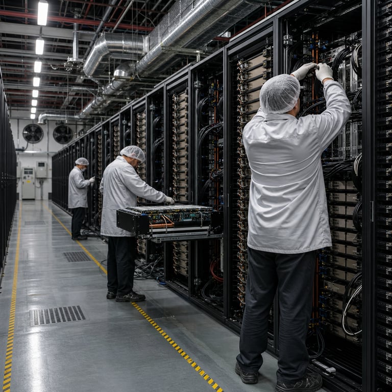 Inside a vast industrial data center facility with rows of tall black server racks housing multiple NVIDIA graphics processing units arranged in dense configurations for high performance artificial intelligence workloads a group of anonymous technicians in neutral colored protective clothing stand with backs facing the viewer as one adjusts cabling connections on an open rack revealing arrays of parallel processing hardware another examines cooling components within a server chassis and a third observes system status indicators on hardware panels the concrete floor features safety lines and ventilation grates while overhead exposed metal ducts and pipe networks circulate air through the space with industrial fans mounted along the walls maintaining temperature control for the equipment this environment supports the operational deployment of advanced diffusion based large language models such as the Inception Mercury 2.5 update that delivers substantial intelligence improvements extended context capacity to hundreds of thousands of tokens and sustained high speed output rates exceeding one thousand tokens per second on NVIDIA graphics processing units the facility includes additional server rows extending into the distance with identical hardware setups cooling infrastructure featuring heat exchange units and redundant power distribution systems all without any markings or displays present on equipment surfaces the scene emphasizes the real world infrastructure enabling competitive performance benchmarks against models including GPT-5.6 Luna and Gemini 3.5 Flash-Lite through optimized GPU utilization and efficient scaling in a controlled technical setting with multiple layers of server bays stacked vertically interconnected via thick black cables running along floor conduits and wall mounts the technicians wear standard gloves and head coverings for safety while handling components in the brightly lit yet functional space characterized by metallic surfaces reflective flooring panels and systematic organization of hardware elements that facilitate the processing demands of frontier artificial intelligence systems the overall composition captures the tangible hardware backbone behind model advancements in intelligence gains and throughput metrics achieved via NVIDIA platforms in professional deployment environments associated with providers such as OpenRouter and Baseten where similar infrastructure hosts comparable systems the detailed view includes close proximity elements like GPU card slots filled with high density boards thermal interface materials applied to processors and modular rack designs allowing for easy maintenance access all contributing to the sustained operational capabilities of the Mercury 2.5 system in a live production data center context focused solely on physical objects and generic human forms without any textual elements or identifiers visible anywhere in the frame extending across the entire visible area with depth showing further identical installations in adjacent aisles supported by environmental controls and power management hardware typical of large scale computing operations dedicated to next generation model inference and training tasks on NVIDIA equipped systems.