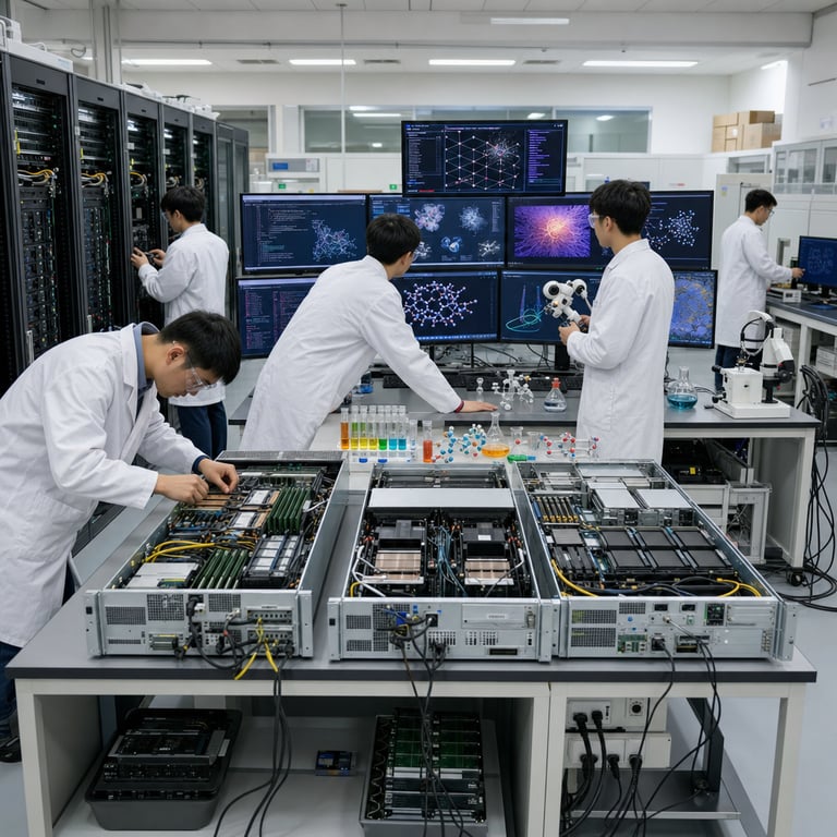 Inside the research center of the Shanghai AI Laboratory a team of anonymous researchers wearing white lab coats and safety goggles are positioned around a central workstation area filled with advanced computing hardware. The main focus is a large rectangular table holding several open server chassis revealing internal components such as graphics processing units central processing units memory modules and extensive cabling systems connecting various parts. Next to the table stand tall racks of server units stacked vertically with ventilation grilles and status indicator panels. On the workstation surfaces there are multiple flat panel displays arranged in rows displaying complex visualizations of neural network architectures data flow diagrams for pre-training processes reinforcement learning environments and scientific simulation outputs including molecular structures particle physics trajectories biological cell interactions and robotic agent navigation paths in virtual environments. Scattered across the table are physical objects representing scientific domains such as petri dishes with samples test tubes filled with colored liquids small robotic devices with sensors telescope components and chemistry glassware setups. In the background additional researchers are seen interacting with control panels and examining hardware components. The environment includes white walls with subtle architectural features typical of modern laboratories doors leading to adjacent rooms and storage cabinets containing equipment boxes. The researchers have their backs partially turned to the viewer as they point towards the displays and discuss the configurations of the multimodal foundation model developed by the InternLM team. Various cables and power supplies are neatly organized on the floor. Additional elements include cooling fans visible in the server racks network switches and storage arrays. The scene captures the integration of large-scale AI training infrastructure with scientific research tools to enable long-horizon agentic performance in domains like chemistry physics biology and engineering. One researcher stands at the left side of the table adjusting connections on a server chassis while another leans over the central area examining a display showing layered neural network diagrams. A third researcher holds a small robotic arm prototype near a cluster of molecular model kits placed beside rows of test tubes containing different colored solutions. Behind the main group server racks extend along the wall with multiple units featuring visible internal fans and bundled fiber optic cables running between them. On the far right side of the scene a researcher examines a physics simulation setup with particle trajectory models arranged next to a biology station featuring cell culture containers and microscope stands without any markings. The floor contains organized bundles of power cords leading from the workstations to wall outlets and additional hardware carts holding spare components like extra memory modules and cooling units. The overall arrangement shows the direct connection between the computing hardware for the Intern-S2-397B model and the scientific equipment used in pre-training and reinforcement learning across multiple domains with researchers focused on the hardware and visual data representations.