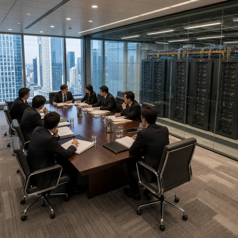 A spacious modern corporate conference room inside a sleek glass-walled high-rise office building in a dense urban financial district features a long polished dark wood table surrounded by eight anonymous professionals in dark business suits and white dress shirts seated in ergonomic leather chairs with their backs or sides facing the viewer to maintain anonymity. The professionals appear engaged in a serious discussion with some leaning forward over open manila folders and bound document stacks on the table while others gesture subtly with hands toward the papers. Through floor-to-ceiling windows on one side the city skyline shows other skyscrapers under a clear daytime sky with soft natural light illuminating the room interior. Adjacent to the conference area separated only by transparent glass partitions a visible data center room contains multiple tall black server racks aligned in neat rows each rack filled with densely packed rectangular computing modules blinking with small indicator lights and connected by thick bundles of colorful Ethernet cables running along overhead trays and floor conduits. Cooling vents and air handling units line the walls of the server room with visible metal grilles and ductwork. On the conference table beside the documents sit closed laptops and tablets without any visible screens or markings along with several stainless steel water pitchers and clear drinking glasses. The floor is covered in neutral gray carpet with subtle geometric patterns and recessed ceiling lights provide even illumination across both spaces. In the background of the server room additional rows of identical hardware racks extend into the distance suggesting extensive computing capacity dedicated to advanced infrastructure projects. The overall scene conveys a professional transition from financial proceedings to technological operations without any signage text logos or identifiable individuals. Details include the texture of the wood grain on the table the precise folds in the suit jackets the matte finish on the server rack doors the arrangement of cable ties securing the wiring bundles and the subtle reflections on the glass partitions separating the two areas.