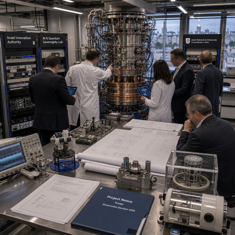 Inside a secure research facility associated with Israel's National AI Directorate and Prime Minister’s Office in Jerusalem a group of anonymous scientists and government officials gather around a central quantum computing platform prototype during evaluation for Project Nexus tender under Government Decision 4255. The platform features a large cylindrical cryogenic chamber with layered metallic shielding multiple vacuum-sealed ports intricate bundles of fiber optic cables and superconducting readout lines connected to external control racks filled with electronic modules cooling pipes and diagnostic interfaces. On the polished metal table lie printed technical schematics rolled blueprints and folders marked with project symbols alongside compact models of physical AI testing rigs including robotic sensor arrays and environmental simulation chambers. Officials in dark business suits and researchers in white lab coats stand or sit examining components some pointing at hardware sections others reviewing tablet screens displaying circuit diagrams and performance metrics. In the background modular server racks labeled with institutional identifiers from the Israel Innovation Authority and AI & Quantum Sovereignty Lab line the walls next to large windows revealing the surrounding urban skyline. Additional elements include calibration tools oscilloscopes power supplies and sample holders arranged methodically on adjacent workbenches along with reference samples of superconducting materials and quantum chip carriers. The collective activity centers on inspecting the domestic blue and white themed hardware assembly designed to advance sovereign foundation models and technological independence through coordinated efforts involving the Ministry of Finance and related directorates with every individual face turned away or obscured to maintain anonymity while the entire room conveys focused administrative and technical review of the quantum platform infrastructure.