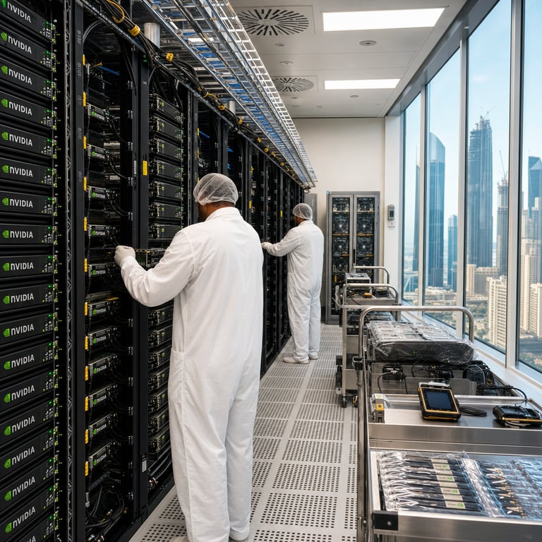 Inside a vast climate-controlled data center facility located in the United Arab Emirates a long row of tall black server racks stretches into the distance each rack filled with densely packed specialized GPU accelerator cards manufactured by Nvidia for advanced artificial intelligence workloads. Anonymous technicians wearing plain white cleanroom suits and hair covers work with their backs turned to the viewer as they carefully slide individual circuit boards into empty slots within the racks ensuring precise alignment of connectors and cooling interfaces. Large bundles of thick black power cables and high-speed fiber optic lines run neatly along the floor and overhead cable trays connecting the racks to central distribution units. Through large floor-to-ceiling windows on one side of the room the modern skyline of Abu Dhabi is visible featuring sleek glass skyscrapers and distant construction cranes under a bright daytime sky indicating an active Gulf nation technology hub. On metal carts positioned between the racks sit additional sealed component trays holding more Nvidia AI accelerator cards ready for installation along with diagnostic tablets and handheld testing devices displaying graphical interfaces without any readable text. The floor consists of raised perforated tiles allowing cool air to flow upward from beneath while overhead LED panels provide even illumination across the entire space. In the background a separate area contains tall storage cabinets with transparent doors revealing neatly organized spare hardware modules and cooling fans. The overall environment emphasizes industrial-scale deployment of advanced computing equipment in a secure controlled setting that supports large-scale artificial intelligence operations with visible emphasis on hardware density cable management and environmental controls typical of facilities handling restricted high-performance technology exports. Additional details include rows of identical server chassis with identical ventilation grilles status indicator lights glowing in steady patterns without forming any symbols or numbers and multiple backup power units positioned along the walls with heavy-duty connectors and cooling vents. The scene captures the moment of physical integration of the Nvidia hardware into operational infrastructure within the UAE context highlighting the scale and technical precision involved in enabling such technology access through compliance processes.