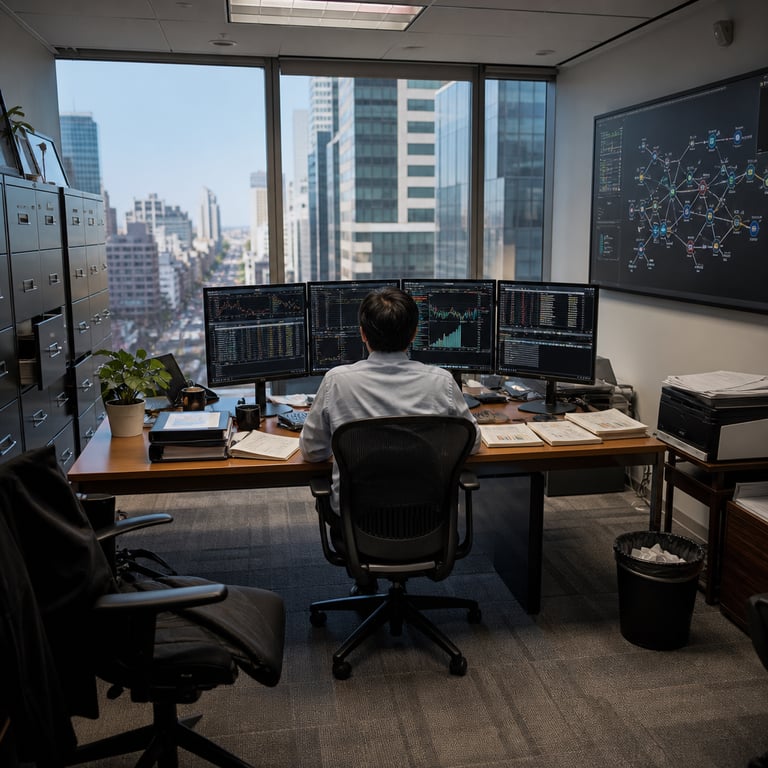 Inside a spacious modern corporate research office at a leading global investment bank headquarters a single anonymous analyst sits viewed from behind at a large wooden desk cluttered with stacks of printed financial reports binders and notepads filled with handwritten charts an array of four large flat screen monitors arranged in a curved configuration displays dense multicolored graphs line charts bar visualizations and spreadsheet style data tables representing IPO valuation models market comparables and regulatory compliance checklists soft overhead fluorescent lighting illuminates the workspace while large floor to ceiling windows reveal a bustling urban cityscape with distant skyscrapers and traffic below the desk surface holds a wireless keyboard mouse pad several black coffee mugs a potted green plant and a closed laptop computer nearby tall metal filing cabinets line one wall their drawers slightly ajar revealing folders labeled with generic categories like research archives and deal documents on the opposite wall a large digital display board shows abstract network diagrams and flowcharts symbolizing AI agent workflows connecting trade execution customer service modules fraud detection systems and compliance automation the floor features low pile gray carpet with subtle geometric patterns ergonomic office chairs are positioned around the room some unoccupied with jackets draped over them a small side table holds a printer outputting fresh sheets of paper and a wastebasket contains crumpled documents the overall atmosphere conveys focused professional activity in a high stakes financial environment with subtle reflections on the monitor screens from the window light and faint shadows cast by the furniture creating depth and realism throughout the composition every element from the texture of the wood grain on the desk to the precise arrangement of cables under the table and the arrangement of pens in a holder emphasizes a real world live action setting grounded in banking research workflows without any visible words numbers logos or text elements on any surface