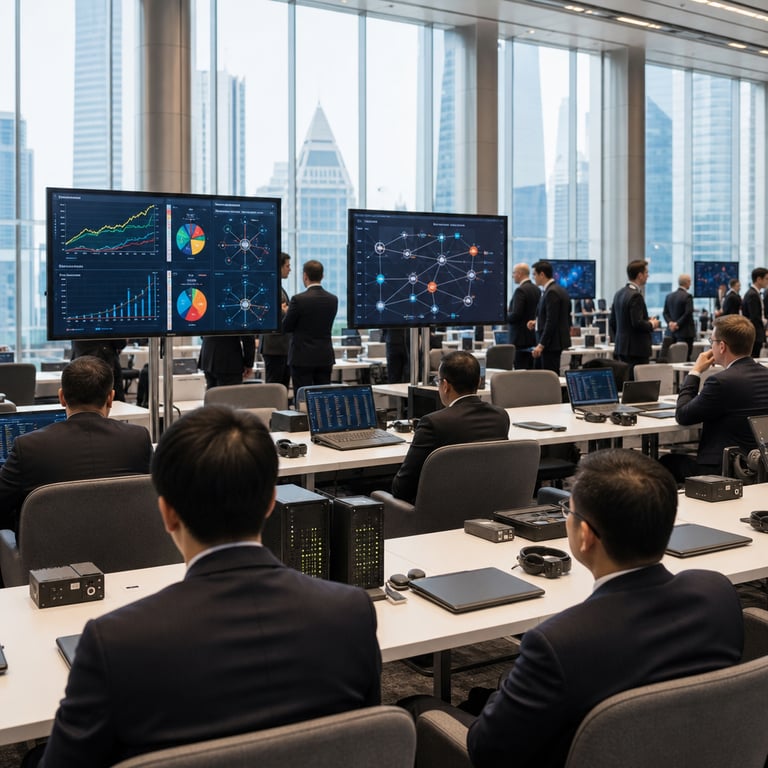 A wide-angle photojournalistic view inside a spacious modern conference hall at an international fintech event showing rows of anonymous professionals seated with their backs to the camera at long white tables covered in closed laptops tablets and wireless headsets. The professionals wear dark business suits and are focused on shared large flat-panel displays mounted on stands that show abstract colorful data visualizations such as line graphs pie charts and network diagrams representing accelerated financial research processes. In the mid-ground several standing figures in similar attire examine additional portable monitor setups displaying interconnected node structures symbolizing agentic AI workflows for IPO analysis trade monitoring fraud detection and compliance tasks. The background features tall glass windows overlooking an urban skyline with subtle architectural details indicating a major global city venue. Scattered on the tables are generic black rectangular hardware devices resembling secure data terminals and compact server racks with blinking indicator lights but no visible markings. The floor has neutral gray carpeting and the overall lighting is even natural daylight mixed with soft overhead panels creating a realistic live-action news photograph atmosphere. Additional anonymous attendees walk through aisles between tables carrying briefcases and folders while maintaining professional distance. The composition emphasizes the integration of advanced computational tools into banking environments highlighting efficiency gains in research timelines from extended periods to near-instantaneous results through AI deployment. Details include precise textures on suit fabrics monitor bezels cable arrangements chair upholstery and distant architectural columns that frame the space without any signage or identifiers. The scene captures the transition of experimental AI projects into full production use across multiple financial functions at a prominent institution during a major industry gathering focused on technological innovation in banking and payments sectors.