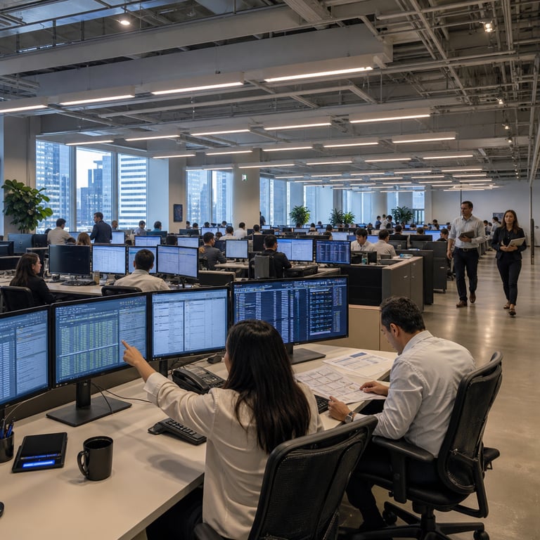 Inside a vast open-plan banking operations center at JPMorgan Chase headquarters, anonymous employees in business casual attire sit at long rows of identical desks each fitted with three large flat-panel monitors displaying dense grids of transaction records, compliance checklists, risk metrics, and workflow status indicators. The room features floor-to-ceiling windows overlooking an urban skyline, polished concrete floors, acoustic ceiling panels, and neutral gray-blue partition walls that divide the space into functional zones without any signage or lettering. One employee leans forward to adjust parameters on a multi-window interface while a colleague beside them reviews printed reports spread across the desk surface. Further back, additional staff members walk between stations carrying folders and tablets, illustrating active daily use of agentic systems across hundreds of operational workflows. Desks hold standard office items including wireless keyboards, mice, coffee mugs, and stacked documents, all arranged to support continuous processing of financial operations. The environment conveys scale through repeated identical workstation setups extending into the distance, suggesting integration of more than four hundred fifty AI agents into routine banking tasks such as payment reconciliation, fraud detection routing, regulatory reporting, and customer query handling. Natural daylight mixes with overhead recessed lighting to illuminate the entire floor uniformly. Subtle architectural details include exposed steel beams, cable management channels under desks, and potted plants placed at intervals to soften the corporate interior. The overall composition centers on the human operators interacting with digital tools that represent the quantified performance gains of agentic automation exceeding conventional methods by a factor of three, captured as a single live moment of ongoing JPMorgan Chase banking operations supported by the LLM Suite platform in real production environments rather than experimental pilots.