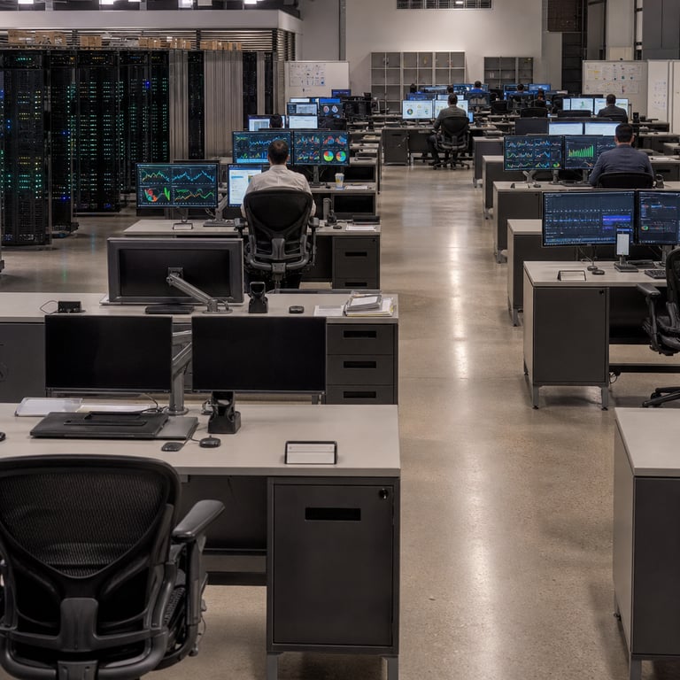Inside a vast open-plan corporate operations center at a major global financial institution rows of identical gray desks stretch across a polished concrete floor under neutral overhead lighting with most workstations completely vacant and chairs pushed in showing clear evidence of recent staffing reductions while a small number of anonymous employees in standard business casual attire sit with their backs to the viewer at scattered remaining desks each focused on large dual monitor setups displaying dense multicolored data visualizations including line graphs bar charts network diagrams and real-time alert patterns without any visible text or logos the left side of the room features server racks with blinking indicator lights representing backend AI infrastructure supporting fraud detection systems the center area shows additional anonymous figures reviewing marketing campaign analytics on screens with segmented customer clusters and performance metrics while the far right section contains desks equipped with operational dashboards illustrating process automation flows and efficiency metrics empty filing cabinets line the perimeter walls and a few rolling whiteboards stand unused in corners with generic printed charts pinned but no readable content the overall atmosphere conveys targeted workforce optimization through nearly one thousand integrated AI applications across fraud marketing and operations functions while maintaining extensive technology resources symbolized by the persistent hardware presence and active but reduced human oversight the vacant desks include abandoned ergonomic chairs nameplate holders without names and idle docking stations emphasizing the transition of most staff to other internal roles rather than layoffs with subtle details like half-empty coffee cups at occupied stations and neatly stacked documents at empty ones reinforcing the selective nature of the changes in this high-budget technology environment the scene captures the balance between preserved large-scale annual technology investment and measurable efficiency gains through AI deployment in a realistic live-action photojournalistic style focused solely on the physical office setting hardware configurations and anonymized personnel without any identifiable individuals or textual elements.
