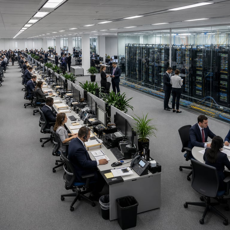 Inside a vast open plan corporate headquarters office belonging to a major global bank the scene shows dozens of anonymized professional workers seated at long parallel rows of gray modular desks each equipped with multiple flat screen monitors keyboards mice and wired headsets. The employees wear standard business formal attire such as dark navy suits white collared shirts neckties for male figures and tailored blouses pencil skirts or slacks for female figures with all individuals facing forward or slightly turned in profile to avoid any facial recognition. On the desks rest stacks of manila folders printed spreadsheets calculators and telephone handsets connected by coiled cords. In the mid ground through transparent glass partition walls a dedicated server room area displays multiple tall black metal server racks filled with rectangular processing units and bundled multicolored network cables running along the floor in organized conduits. Additional workers stand near the glass observing the hardware while holding tablet devices and clipboards. The entire space features uniform gray low pile carpeting acoustic ceiling tiles with recessed panels and evenly spaced rectangular support columns. Potted green plants in black ceramic pots are placed at regular intervals between desk rows. Background elements include additional rows of identical workstations with more employees typing and reviewing content on screens alongside closed doorways marked only by plain metallic handles. The composition emphasizes the scale of operational activity with every desk occupied by individuals performing data review tasks transaction processing and collaborative discussions around small round meeting tables with additional chairs pulled close. Further details include wall mounted electrical outlets with plugged in power strips under each desk row neatly arranged waste bins beside every workstation and overhead ventilation grates integrated into the ceiling structure. All figures remain generic in appearance with varied skin tones hair styles and body types representing a broad workforce engaged in daily financial services routines supported by enterprise technology infrastructure. The environment conveys efficient widespread internal deployment through the visible density of computing hardware and coordinated human activity across the full visible area without any isolated focus points.
