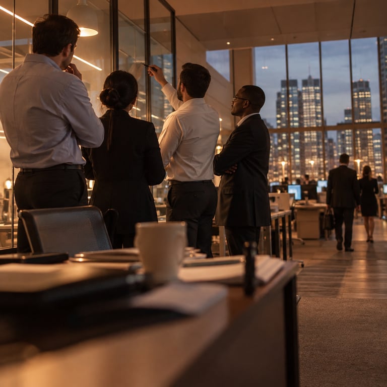 Bank employees in a modern office discuss AI adoption, with JPMorganChase branding absent but context clear