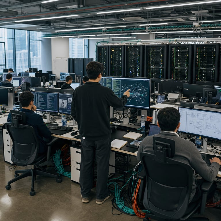 Inside a spacious modern data center facility operated by Moonshot AI a group of anonymous engineers wearing casual business attire work at long rows of desks equipped with multiple large flat panel monitors and high performance workstations the room is filled with tall black server racks containing dense arrays of specialized processors designed for training and inference of the Kimi K3 model which has 2.8 trillion parameters and supports one million token context windows the engineers are focused on tasks involving coding and long context workloads using the architectural components Kimi Delta Attention KDA Stable LatentMoE and MoonViT V2 the environment includes neatly organized bundles of fiber optic cables running along the floor and ceiling cooling ventilation units humming quietly in the background and large glass windows revealing an urban cityscape outside one engineer stands with back to the viewer gesturing toward a monitor displaying complex neural network flow diagrams while others sit reviewing hardware diagnostic panels and multimodal input setups involving image and code processing pipelines the scene shows realistic details such as ergonomic office chairs scattered notepads without any markings water bottles on desks and subtle reflections on polished concrete floors the overall composition emphasizes the scale of computational hardware supporting native multimodal agentic features and efficiency gains in an open weight release environment under modified licensing the lighting is natural mixed with overhead fluorescent panels creating a professional photojournalistic atmosphere with depth of field focusing on the central activity area of collaborative development without any visible branding logos or textual elements anywhere in the frame the hardware racks display indicator lights in various colors the engineers appear diverse in age and background yet fully anonymized with faces turned away or obscured by angle the entire setting grounds the release of Kimi K3 in tangible real world infrastructure dedicated to advancing coding capabilities and extended context handling through these specific technical innovations the composition captures a single frozen moment of active research and deployment preparation in the laboratory space