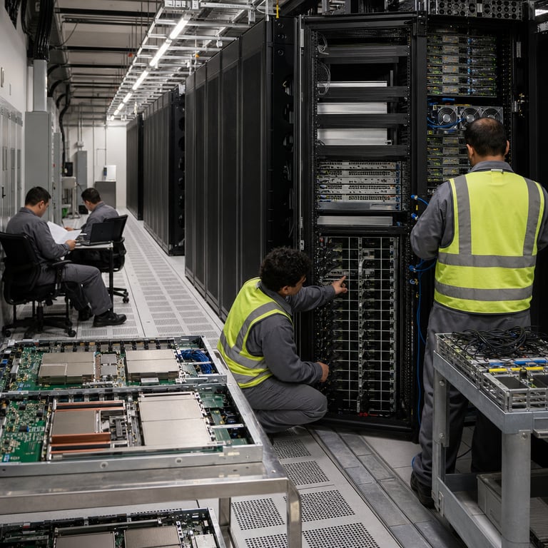 Inside a vast enterprise data center facility operated by a major cloud provider rows upon rows of black server racks stretch into the distance each rack packed with densely packed GPU accelerator cards liquid cooling pipes and high speed networking switches all humming with activity. Anonymous technicians wearing plain gray coveralls and safety vests stand with their backs to the viewer examining rack mounted diagnostic panels and adjusting cable connections between compute nodes. One technician kneels beside an open rack drawer pointing at a cluster of high density memory modules while another stands at a rolling cart holding additional networking cables and spare accelerator boards. In the foreground a long workbench holds disassembled server trays showing exposed circuit boards with arrays of processors and cooling fins. Behind the racks visible through gaps are additional rows of identical equipment cabinets indicating massive parallel compute capacity. The floor features raised perforated tiles typical of data center cooling systems and overhead cable trays carry thick bundles of fiber optic and power cables. Several generic office chairs and small desks with laptop computers sit along the side wall where two more anonymous figures sit facing away from the camera reviewing printed schematics and hardware specification sheets. The entire environment conveys large scale cloud infrastructure deployment for advanced AI workloads with emphasis on extensive memory capacity and efficient resource caching mechanisms. Additional details include multiple power distribution units mounted on rack sides backup battery cabinets along the perimeter walls and ventilation grilles integrated into the raised floor. The scene captures the operational reality of deploying a multi trillion parameter open weight model onto a managed cloud platform supporting one million token context windows and explicit prompt caching features for cost efficient long context applications priced at three dollars per million input tokens and fifteen dollars per million output tokens. Every element remains strictly hardware focused and anonymous with no visible branding text or identifiable individuals present.