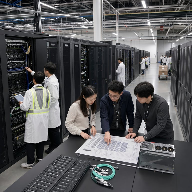 Inside a vast enterprise data center facility operated by Moonshot AI, rows of black server racks stretch into the distance under bright overhead industrial lighting, each rack filled with densely packed GPU modules and networking hardware representing the deployment of the Kimi K3 2.8T-parameter MoE architecture. Anonymous technicians in plain white lab coats and safety vests stand at various open rack doors, one technician pointing at internal cabling bundles while another holds a tablet displaying system diagnostics without any visible text or graphics. On nearby workbenches sit stacks of enterprise-grade storage drives and cooling modules, alongside diagnostic tools and cable testers arranged neatly. The background shows additional racks labeled internally with hardware indicators for Stable LatentMoE components and Kimi Delta Attention modules, with visible airflow vents and LED status indicators glowing in neutral colors. In the midground, a group of three anonymized professionals in business casual attire gather around a central monitoring console station, reviewing printed schematics of large-context multimodal workloads and 1M token capacity configurations spread across the table. The scene includes visible fiber optic cable runs connecting multiple racks to symbolize live Kimi API access points, with one rack door open to reveal layered circuit boards and power distribution units. Further back, additional personnel wheel a cart loaded with sealed shipping crates marked for upcoming full model weights distribution scheduled later in the year. The environment features polished concrete floors, exposed ceiling conduits, HVAC ducts, and safety signage without lettering, all conveying a professional high-scale AI infrastructure rollout focused on enterprise multimodal and extended context processing capabilities.
