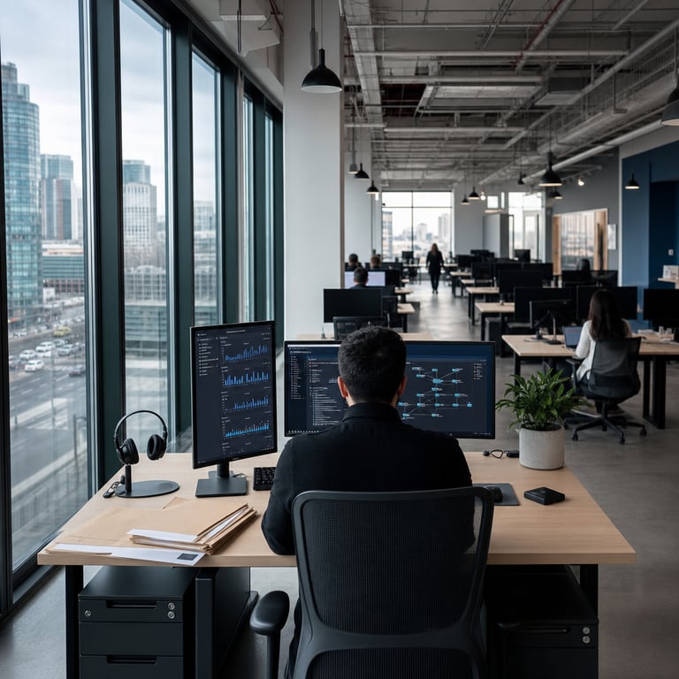 Inside a contemporary open-plan fintech customer support office with floor-to-ceiling windows overlooking a dense urban skyline of glass towers and distant traffic, several anonymous office workers wearing neutral business casual attire sit at scattered ergonomic desks equipped with multiple thin-bezel computer monitors displaying complex dashboard layouts of charts graphs and inquiry routing systems without any visible text numbers or logos. The majority of identical desks across the expansive room stand completely empty with chairs tucked in and computer screens powered off symbolizing substantial workforce reduction through attrition. One central worker viewed from behind leans slightly forward while interacting with a sleek desktop interface that autonomously processes incoming customer service inquiries related to buy-now-pay-later transactions payment plans and account queries. Nearby on the desks rest generic headsets stacks of plain manila folders containing financial documents and small potted plants adding subtle life to the otherwise streamlined workspace. The overall scene conveys operational efficiency with soft natural daylight illuminating the reduced team as they oversee the AI-driven handling of two-thirds of all customer interactions generating significant cost savings. Additional details include polished concrete flooring subtle gray and blue color palette in the furniture and wall accents modern pendant lighting fixtures over work areas distant blurred figures of other staff members walking through corridors and a sense of quiet focused activity throughout the large room that illustrates how an AI agent now performs the equivalent workload of hundreds of full-time employees in Klarna fintech operations. The environment features clean minimalist architecture with exposed ductwork high ceilings and rows of unoccupied workstations emphasizing the transition from larger headcount to streamlined AI-supported processes in customer service departments handling inquiries about consumer finance products and services.