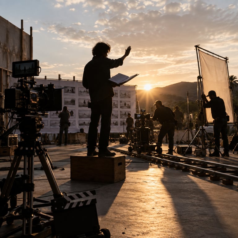 Director silhouette on film set with storyboard and camera crew