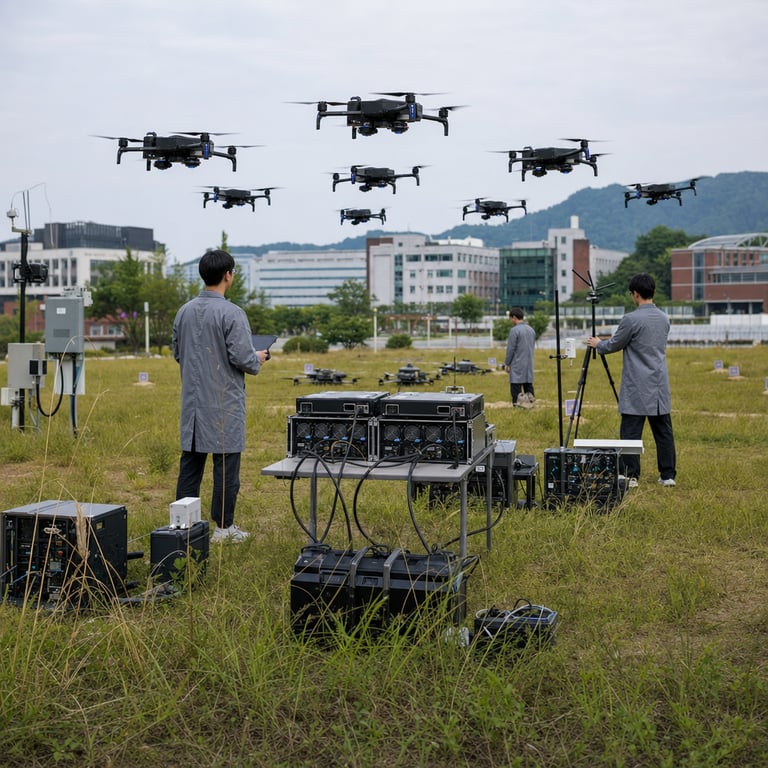 A coordinated swarm of multiple industrial UAV drones hovers in precise formation above a portable edge computing station positioned on a grassy university research field at Konkuk University campus outskirts near Seoul South Korea the drones feature matte black composite fuselages four rotor arms each with visible carbon fiber propellers spinning at low speed and undercarriage sensor pods emitting faint blue status lights the edge station consists of ruggedized metal server racks containing compact GPU accelerator modules representing generative AI inference hardware connected via thick black ethernet cables to weatherproof battery units and cooling fans the entire assembly sits on a folding metal table surrounded by tall wild grasses and distant concrete academic buildings with red brick accents in soft daylight several back-turned anonymous figures wearing plain gray lab coats and dark trousers stand at a safe distance one figure holds a tablet device while another adjusts a tripod mounted antenna array the background shows additional UAV units resting on the ground with folded landing gear and open access panels revealing internal circuit boards the scene includes scattered calibration markers on the grass small weather monitoring stations and power distribution boxes all elements arranged to depict cooperative multi agent verification activity between the drone swarm and the isolated edge hardware setup without any visible markings or interfaces the drones maintain stable positions suggesting active remote integrity assessment protocols the overall environment blends natural vegetation with functional research equipment typical of Korean academic outdoor testing areas for aerial systems the lighting is even natural daylight highlighting textures on drone bodies server casings and fabric of clothing the composition centers the drone cluster directly over the edge hardware cluster creating a clear visual link between the aerial vehicles and the ground based AI model hosting equipment additional details include visible rotor wash gently moving nearby grass blades dust particles in the air around the fans and precise spacing between each drone unit to illustrate swarm coordination the distant horizon features low hills and standard campus fencing completing a realistic live action photojournalistic capture of UAV swarm operations verifying edge generative AI model integrity through advanced cryptographic methods in an enterprise relevant deployment context the entire tableau remains grounded in observable hardware interactions and environmental context associated with Konkuk University research initiatives funded by national bodies focused on secure aerial multi agent systems for confidential model checking