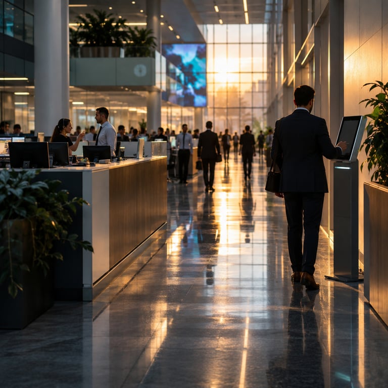 Employee at a self-service IT kiosk in Leidos office corridor, with helpdesk behind.