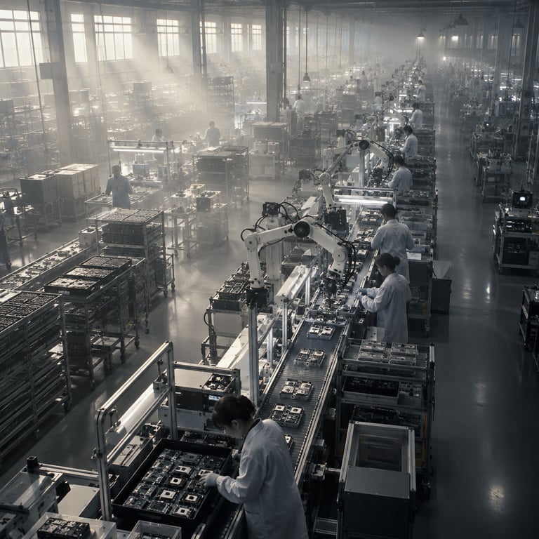 Aerial view of a factory floor assembling devices for Liquid AI's LFM3 on-device models.