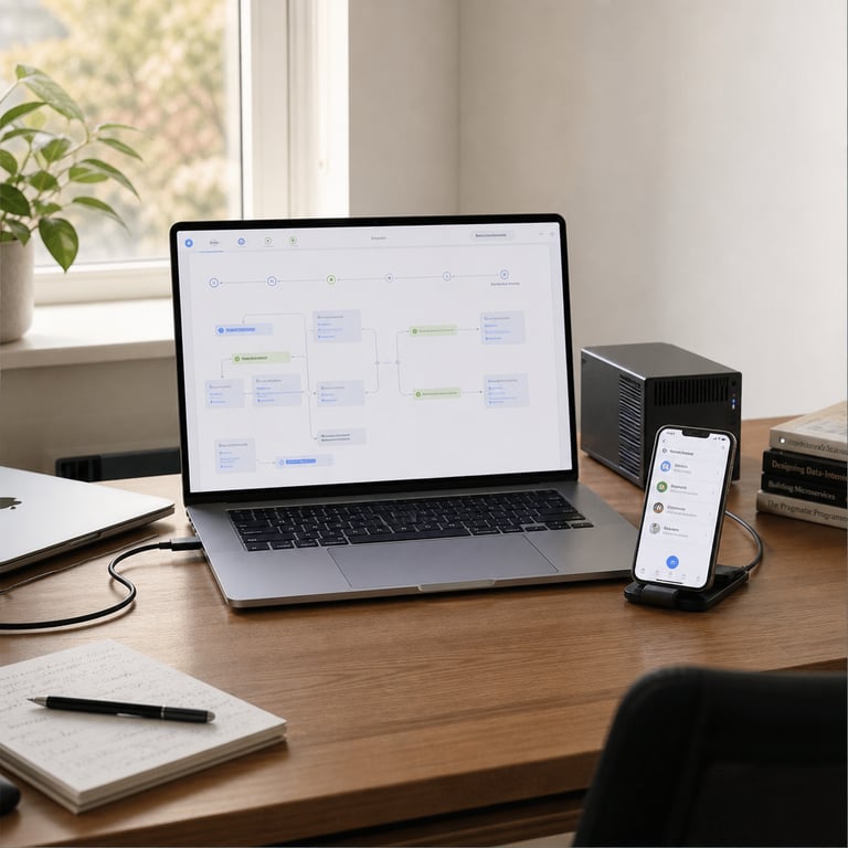 A realistic photojournalistic scene captures a modern minimalist home workspace featuring a sleek silver laptop positioned centrally on a light wooden desk next to a contemporary smartphone both devices visibly connected by a thin cable to symbolize full data locality and on-device processing. The laptop screen displays a clean interface with abstract planning diagrams and multi-step workflow indicators without any legible text while the smartphone shows a companion agent interface indicating tool calling capabilities. A compact external CPU unit rests nearby on the desk highlighting execution on local hardware rather than remote servers. The background includes soft natural light from a nearby window illuminating neutral-colored walls a potted plant and a few generic office supplies like a notebook and pen all arranged to convey everyday use of advanced AI technology. The composition emphasizes the accessibility of the LFM2.5-2.6B model running efficiently on consumer electronics such as phones laptops and CPUs enabling complex agentic behaviors including planning and sequential tool interactions at near-zero marginal cost while matching performance of larger cloud-based systems. Details include the texture of the wooden desk surface the metallic finish of the laptop chassis the matte screen of the smartphone subtle reflections on the devices the precise angle of the cable connection the ergonomic positioning of the hardware for prolonged local workflows and the overall calm professional atmosphere of the setting. Additional elements feature a second closed laptop in the periphery a charging cable neatly coiled and a small stack of technical reference materials all reinforcing the theme of independent on-device AI deployment by Liquid AI. The entire scene is composed as a single live-action frame focusing on hardware symbols and anonymized environment to represent the open-weight release of LFM2.5-2.6B-Base bringing sophisticated agent workflows directly to personal computing devices without external dependencies.