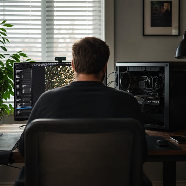 A person viewed from behind works at a desk in a home office, using a personal computer tower with visible internal hardware components and an external GPU setup connected to a monitor.