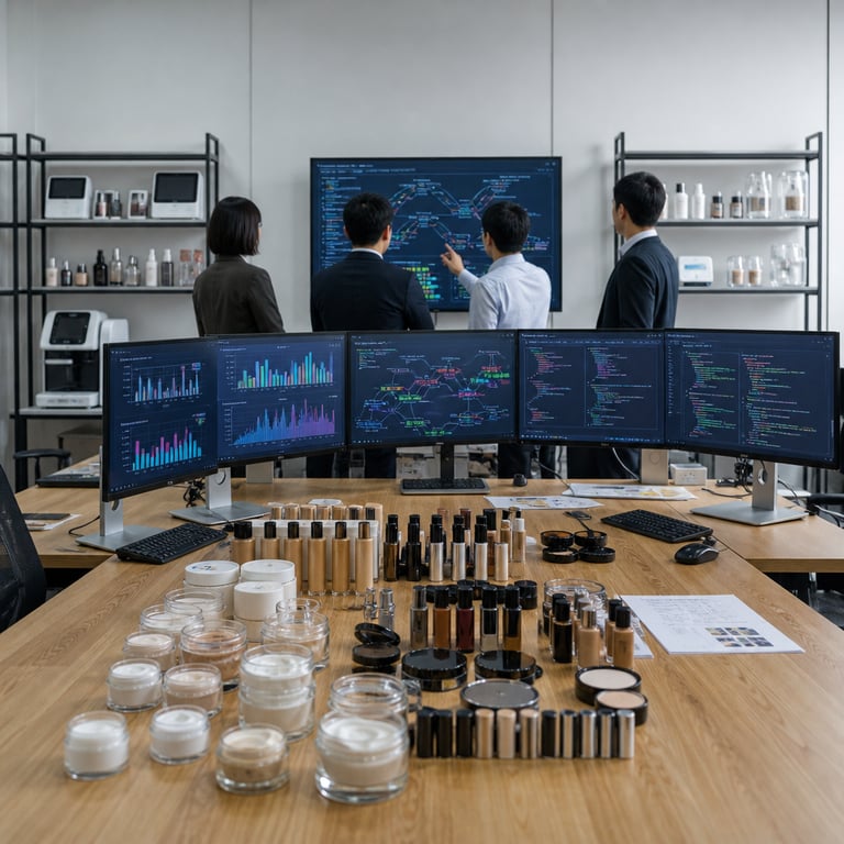 A spacious modern enterprise office interior features a large central wooden conference table covered with an array of L’Oréal beauty products including clear glass jars filled with white and beige skincare creams, cylindrical foundation bottles in various neutral shades, slim lipstick tubes, compact powder cases, and small dropper bottles of serums all arranged in organized rows without any branding visible. Next to these products sit multiple flat computer monitors displaying dense visual interfaces with colorful bar graphs, line charts tracking accuracy percentages rising from lower to near perfect levels, network diagrams illustrating conversational data flows, and side-by-side code editor windows showing structured programming syntax blocks and migration scripts for AI model integration in healthcare systems. Additional monitors show abstract representations of user analytics dashboards with interconnected nodes and flow arrows indicating monthly user volumes and feature deployment timelines. On the table surface rest wireless keyboards, ergonomic mice, and stacks of technical printouts with diagrams of data pipelines. In the background along white walls are tall metal shelving units holding further L’Oréal product prototypes in transparent containers, medical diagnostic devices, and hardware components associated with enterprise AI platforms. Several anonymous professionals in neutral business attire stand with backs turned toward the viewer, one gesturing toward a screen displaying analytics visualizations while others examine code structures on adjacent displays. The overall arrangement creates a cohesive real-world workspace scene blending beauty sector research elements with healthcare technology development tools all centered on advanced conversational AI deployment without any visible text, logos, numbers, or symbols on any surface or screen. Detailed textures include matte plastic casings on product containers, glossy screen surfaces reflecting ambient room elements, wooden grain on the table, and fabric folds in clothing. Every object is positioned to emphasize the integration of beauty product evaluation tools with AI-driven analytics platforms and code acceleration environments supporting large-scale internal deployments across sectors.