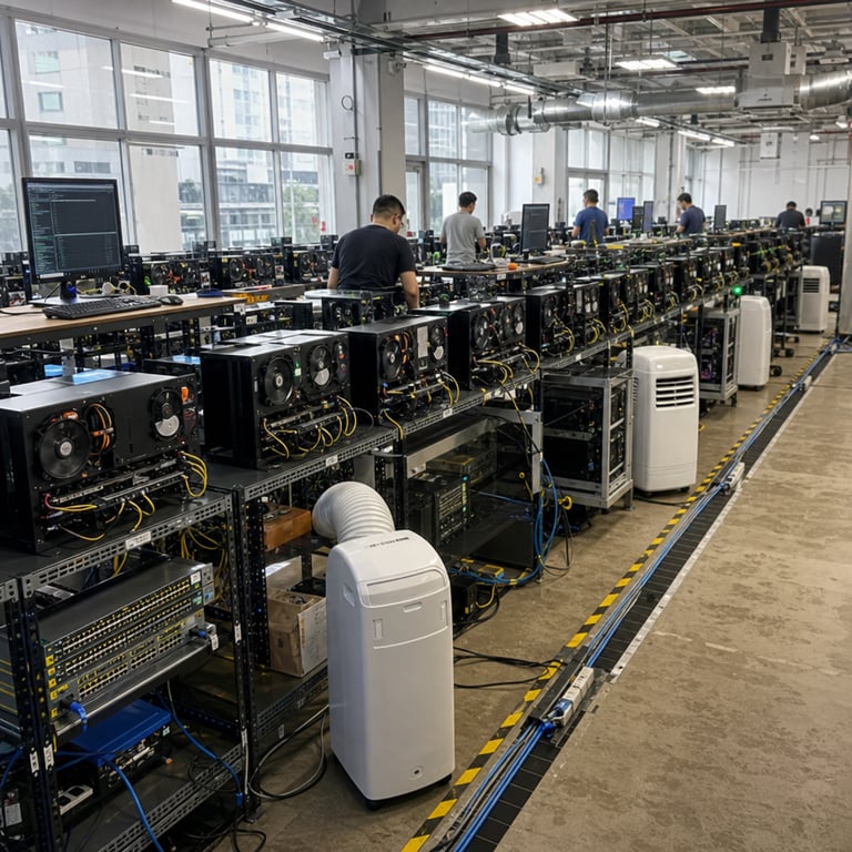 A spacious industrial facility interior features dozens of individual single-GPU computer rigs arranged in orderly rows across a concrete floor, each rig consisting of a standard tower case with visible graphics processing unit cards, cooling fans, power supplies, and Ethernet network cables linking every unit into a unified distributed system. The rigs sit on metal shelving units without any branding or markings, some positioned on desks alongside basic keyboards and monitors displaying command line interfaces with training progress metrics. Overhead fluorescent lighting illuminates the entire space evenly while ventilation ducts and portable air conditioning units maintain temperature control around the hardware. Several anonymized technicians wearing plain work clothes move between the rows checking cable connections and adjusting fan speeds on the equipment. Large windows along one wall reveal an urban exterior suggesting a repurposed warehouse location. Network switches and routers are mounted on open racks with thick bundles of fiber optic and copper cables running along the floor in protective conduits. The scene captures the coordination of global permissionless single-GPU resources operating together to perform large-scale model pretraining at high efficiency levels comparable to traditional centralized data centers. Additional details include spare power strips, toolboxes with screwdrivers and cable ties on side tables, water bottles for the technicians, and faint condensation on some cooling pipes indicating active thermal management. The overall environment emphasizes cost-effective infrastructure with no specialized enterprise hardware visible beyond consumer-grade GPUs and standard networking components. Multiple power distribution units sit beneath the shelving while indicator lights on the rigs show active processing status. The composition focuses on the physical arrangement of hardware and human oversight within this decentralized training setup demonstrating architectural coordination for one-hundred-billion-parameter model development.