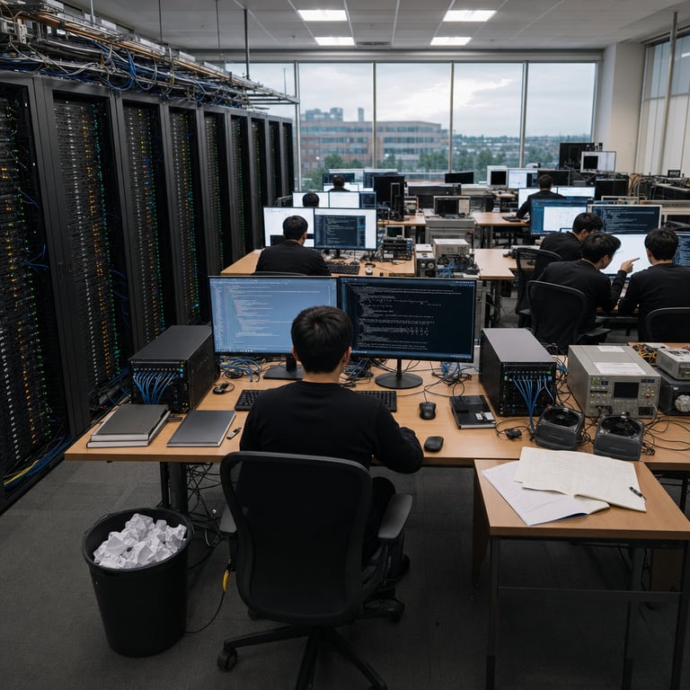 Inside a spacious Microsoft AI research facility the scene shows a large open-plan engineering workspace filled with rows of identical black server racks from Microsoft Foundry each rack featuring dense arrays of blinking indicator lights and thick bundles of network cables running along the floor and ceiling trays. Anonymous software engineers wearing plain dark clothing sit at multiple wooden desks arranged in a grid pattern their backs facing the viewer as they type on standard keyboards connected to large flat monitors displaying lines of programming code and mathematical equations without any readable text or logos visible. On one central desk sits a compact high-performance computing unit representing the MAI-Thinking-1 model next to another similar unit symbolizing competitive benchmarks with both units connected via visible Ethernet cables to shared storage arrays. The background includes floor-to-ceiling windows revealing an overcast daylight sky and distant corporate buildings while the interior features neutral gray walls industrial carpet flooring and scattered technical equipment such as oscilloscopes power supply units and cooling fans. Additional details include stacks of technical notebooks closed laptops with closed lids USB drives scattered on surfaces ergonomic office chairs pushed slightly away from desks wastepaper bins containing crumpled sheets and overhead fluorescent lighting casting even illumination across the entire workspace. The engineers appear focused on software engineering tasks with one person pointing at a monitor while another manipulates a mouse and a third reviews printed diagrams laid flat on a side table. Ventilation grilles along the walls and subtle reflections on polished desk surfaces complete the realistic live-action photojournalistic composition emphasizing the hardware and collaborative environment tied directly to advanced reasoning model development and performance evaluation on coding and math tasks without any human faces shown or any textual elements present.