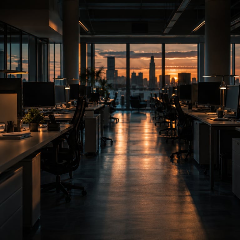 An empty modern open-plan office at dusk with rows of monitors showing abstract dashboards, soft window light across the desks.