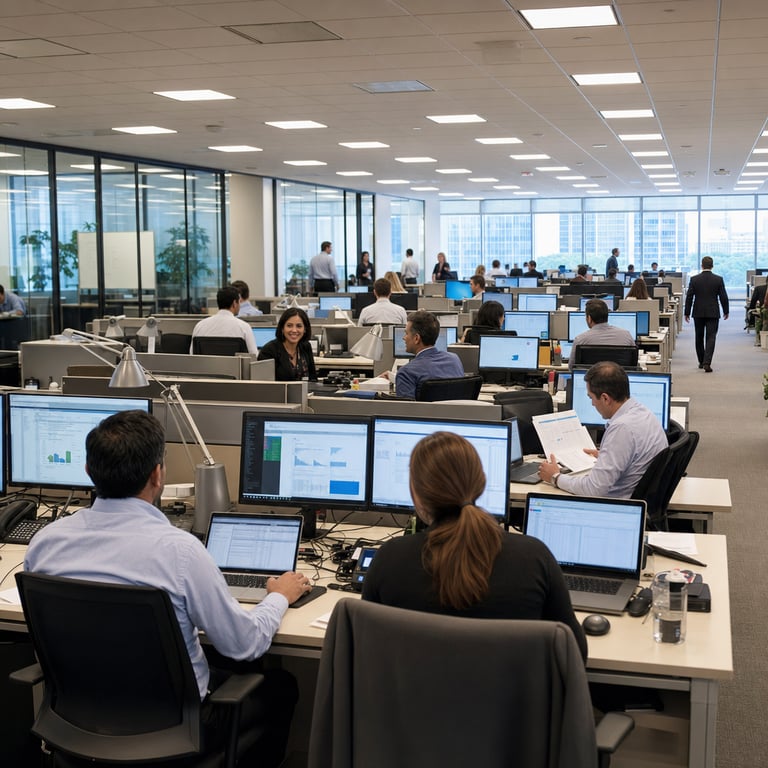 A spacious open-plan office interior at a major financial services headquarters features multiple rows of ergonomic desks arranged in neat clusters each equipped with modern desktop computers and laptop devices running productivity applications on their screens showing spreadsheets graphs and document interfaces without any visible lettering or markings. Anonymous employees dressed in standard business casual attire sit at the workstations some facing their monitors while others turn slightly toward colleagues in adjacent seats engaged in quiet discussions over shared digital workflows. The environment includes neutral-toned carpeted flooring large glass partitions separating meeting areas with whiteboards in the background and potted plants positioned along walkways to create a professional yet welcoming atmosphere. In the mid-ground several individuals review printed reports alongside their computer setups illustrating the integration of enterprise software tools for daily operations in insurance and financial planning sectors. Background elements show additional staff members walking between departments carrying folders and tablets while large windows reveal an urban cityscape outside suggesting a central business district location. The overall composition emphasizes collaborative technology use across a workforce of thousands highlighting the scale of AI tool deployment for customer service enhancements data governance processes and long-term enterprise value generation through advanced productivity suites and agent-based systems. Details include varied desk accessories such as wireless mice keyboard trays adjustable desk lamps and charging stations all contributing to a realistic depiction of scaled technology adoption in a corporate financial setting focused on operational efficiency and customer interaction support without any specific branding or textual indicators present in the scene.