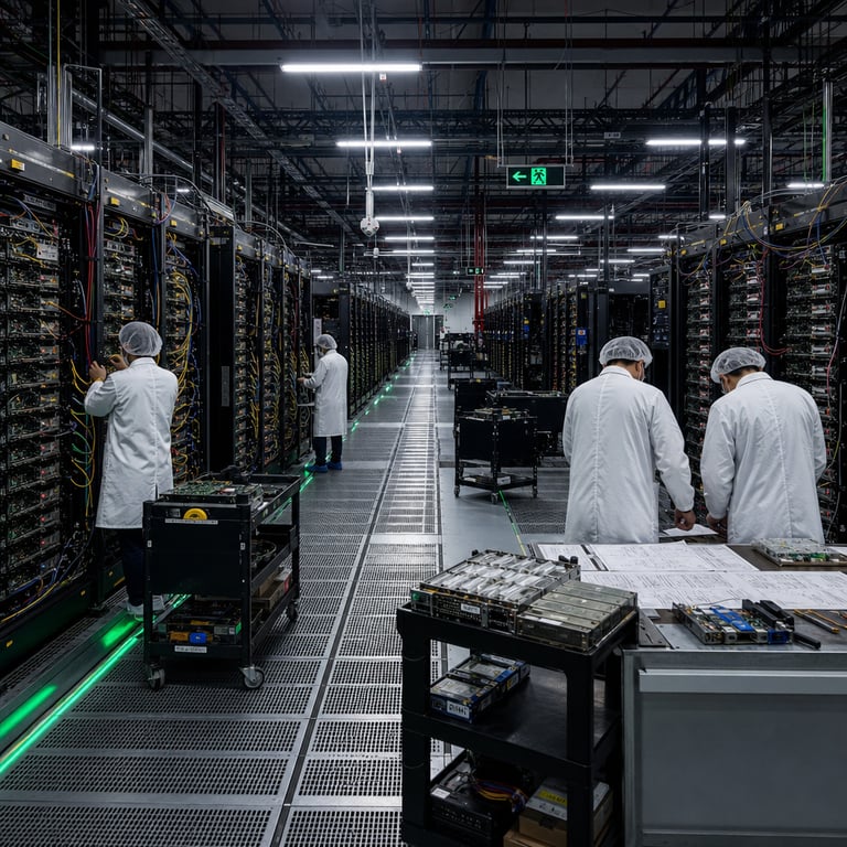 A vast interior data center facility in China operated by the food delivery company Meituan features endless parallel rows of tall black server racks filled with densely packed domestic Chinese ASIC accelerator boards connected by thick bundles of multicolored network cables and power lines running along overhead trays and under raised perforated flooring with integrated cooling vents emitting steady streams of chilled air. Multiple anonymized technicians wearing plain white lab coats and hair covers stand with their backs turned toward the viewer adjusting connections on open rack panels revealing rows of identical circuit boards labeled only by generic model numbers while monitoring stations display arrays of numerical performance graphs and system status indicators without any readable text. Large industrial HVAC units line the distant walls maintaining precise temperature and humidity levels across the space with visible condensation pipes and sensor arrays mounted at regular intervals. In the foreground several wheeled carts hold spare domestic ASIC modules and diagnostic tools positioned beside a central aisle where additional staff members review printed hardware schematics spread across a metal table. The environment includes emergency exit signage rendered as pure symbols without lettering emergency lighting strips along the floor and massive uninterruptible power supply cabinets humming quietly at the periphery. Subtle integration of logistics elements appears through distant views of warehouse-style loading areas containing generic delivery vehicle components and packaging materials that reflect Meituan operational infrastructure supporting the full training run of the 1.6 trillion parameter LongCat-2.0 mixture-of-experts model entirely on these domestic accelerators with planned future open-sourcing steps implied by organized stacks of archival storage media cases nearby. Every surface shows realistic wear patterns from continuous operation including dust filters on intake grilles cable management ties in uniform colors and faint thermal mapping stickers on rack doors. The overall composition captures the scale and technical density of the hardware deployment enabling agentic model training without any human faces visible or any form of branding text present in the scene.