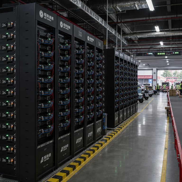 Inside a large industrial logistics and technology facility operated by a Chinese delivery company rows of tall black server racks fill a brightly lit warehouse style hall each rack densely packed with custom ASIC accelerator boards connected by thick bundles of colored network cables and liquid cooling pipes running along the floor and ceiling the hardware is actively engaged in distributed training runs for a large scale mixture of experts artificial intelligence model with indicator lights blinking in steady patterns on every board in the background through open loading bay doors electric delivery scooters and cargo vans are parked in neat lines being loaded with packages by workers wearing reflective vests while additional racks of identical ASIC hardware stand ready for scaling the one million token context capability of the model the overall environment mixes high density compute infrastructure with everyday delivery operations including conveyor belts carrying parcels and charging stations for fleet vehicles creating a unified scene that shows the integration of advanced model training hardware within an operational delivery firm setting where the same organization develops and deploys the LongCat-2.0 system alongside its logistics network the floor is concrete with yellow safety lines the ceiling has exposed ductwork and fluorescent panels the air appears cool and filtered with faint mist from cooling units the composition centers on the hardware racks as the dominant element while the delivery vehicles and workers provide contextual depth without any close up faces or direct interaction the entire view is captured from a medium distance showing depth through multiple parallel aisles of equipment and vehicles extending into the distance emphasizing the scale of both the compute cluster and the physical logistics operations that the model supports through agent capabilities routed via external platforms