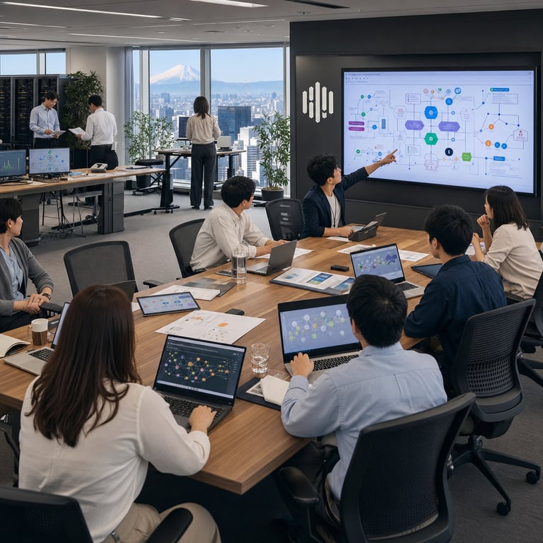 In a spacious modern open-plan office located within a prominent Japanese e-commerce headquarters building in central Tokyo, a cross-functional team of anonymous professionals collaborates around a expansive wooden conference table during a structured enablement session focused on AI risk consultation and policy development. The group includes individuals of varied ages and backgrounds dressed in business casual attire such as button-down shirts, blouses, slacks, and cardigans, with several figures viewed from behind or in profile to maintain anonymity while they examine abstract data visualizations on multiple laptop screens displaying network diagrams, risk assessment flowcharts, and oversight metrics rendered as colorful interconnected nodes and layered charts without any legible characters. One person gestures toward a shared large monitor mounted on the wall showing an intricate AI system architecture schematic composed of geometric shapes and pathways representing safe acceleration frameworks and one-stop governance processes. Scattered across the table are physical folders containing policy documents, printed diagrams of cross-departmental workflows, and tablets with similar non-textual AI-assisted monitoring interfaces. The room features floor-to-ceiling windows revealing a dense urban skyline with nearby buildings and distant Mount Fuji visible on the horizon under a clear daytime sky, natural light filtering through sheer curtains, potted green plants positioned along the perimeter, ergonomic mesh office chairs pulled up to the table, a side credenza holding additional laptops and reference binders, acoustic ceiling panels, neutral-toned carpet flooring, and subtle corporate branding elements like abstract logos on wall panels. In the background, additional team members stand near a cluster of server racks integrated into the workspace symbolizing AI-native infrastructure, while others review printed materials in small breakout huddles near standing desks equipped with dual monitors showing further abstract governance dashboards. The overall composition captures a moment of focused professional exchange emphasizing enablement, with papers slightly shuffled, coffee cups and water glasses placed at intervals, and a sense of purposeful activity in advancing responsible AI strategies through shared consultation without depicting any specific individuals or readable content. Additional details include the texture of wooden table grain, the weave of fabric on chairs, reflections on polished screen surfaces, subtle shadows cast by overhead fixtures, and the arrangement of cables neatly bundled beneath the table, all contributing to a realistic live-action depiction of an AI governance unit operating in a collaborative corporate environment dedicated to policy creation and risk mitigation for accelerated yet secure AI adoption.