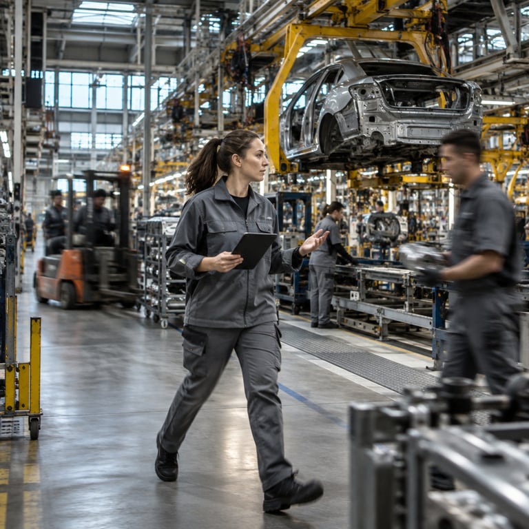 Factory worker with tablet on Mercedes-Benz production line at Berlin Digital Campus
