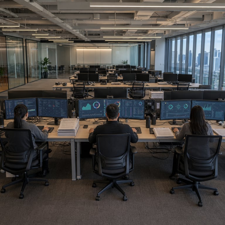Inside a spacious open-plan corporate office at Meta headquarters a small team of three anonymous office workers sits at long modular desks facing rows of large flat-panel computer monitors that display dense grids of invoice line items purchase orders vendor details and audit flags with no visible text or logos anywhere in the scene. The workers are viewed from behind and slightly above so their faces remain unseen their hands resting on keyboards and mice while they review highlighted discrepancies in spending data. Empty desks stretch across the background indicating the former scale of a much larger team with only a few remaining active workstations. On the desks sit stacks of physical paper invoices clipped together next to wireless charging pads and ergonomic office supplies. Large glass partitions separate meeting areas from the main workspace revealing additional monitor arrays running autonomous software dashboards that process financial documents. Through floor-to-ceiling windows a city skyline is visible under daylight with neutral-toned furniture and gray carpet defining the professional environment. The monitors show visual representations of recovered spend metrics through abstract charts and progress indicators without any letters numbers or branding. The overall arrangement emphasizes the contrast between the minimal human presence and the extensive digital infrastructure handling invoice auditing and spend recovery tasks for a major technology company and similar processes at other large enterprises. Additional details include subtle reflections on the screens from overhead lighting fixtures modern task chairs with mesh backs neatly arranged power cables under the desks and a distant view of conference rooms with whiteboards that contain no writing. The scene captures the quiet efficiency of a drastically reduced workforce relying on AI agents to manage high-volume financial operations across global supply chains for companies including those in consumer goods pharmaceuticals and technology sectors.