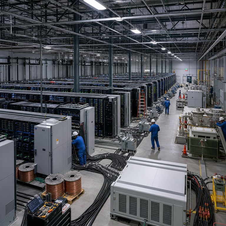A sprawling interior view of a massive data center facility interior with endless rows of tall black server racks stretching into the distance under high industrial ceilings with exposed metal beams and ventilation ducts, where multiple anonymous technicians in blue coveralls and hard hats are actively installing thick bundles of high-capacity power cables and large gray electrical distribution panels along the concrete floor to support expanded 24/7 operations for autonomous AI agent workloads, the racks filled with dense arrays of GPU and CPU hardware emitting subtle status indicator lights while large industrial cooling units with massive fans and chilled water pipes run along the walls to manage heat from continuous agent processing, adjacent open construction zones showing workers bolting in additional backup diesel generators and high-voltage transformers connected via heavy insulated conduits to meet surging electricity demands from enterprise-scale agent swarms, foreground details include neatly organized spools of copper cabling, tool carts with multimeters and safety equipment, and floor markings guiding the power infrastructure upgrades, all within a functional warehouse-style environment featuring polished concrete floors, overhead fluorescent lighting grids, and distant emergency exit signage without any readable content, capturing the scale of infrastructure growth driven by agentic AI systems such as those from Meta and OpenAI requiring uninterrupted power delivery across consumer and business applications, with visible elements like redundant power supply units stacked on pallets, liquid cooling manifolds snaking between racks, and monitoring stations displaying hardware telemetry graphs focused on load balancing for complex computational tasks including fluid dynamics simulations, emphasizing the physical expansion of electrical capacity in a real operational setting without any people facing the viewer directly or identifiable individuals.