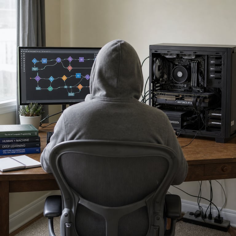 A realistic photojournalistic scene inside a modest residential home office with neutral walls and soft natural daylight filtering through a window, showing the back of an anonymous person wearing a plain gray hoodie seated in an ergonomic chair at a simple wooden desk, directly facing a high-end consumer desktop computer tower with its side panel removed to expose the internal hardware including a single large graphics card mounted in the PCIe slot with visible heatsink fins, multiple cooling fans spinning, thick power cables routed neatly, RAM modules, a central processing unit cooler, and storage drives, all connected to a standard household power strip on the floor; on the desk surface rests a standard keyboard, wireless mouse, and a large flat-panel monitor displaying abstract colorful node-based diagrams representing optimized agent workflows with interconnected shapes and flowing lines but no readable text or symbols; nearby on the desk are stacked technical reference books, a small potted plant, and a notebook with blank pages; the overall setting emphasizes local execution of advanced artificial intelligence models on accessible consumer hardware in a everyday environment rather than a data center, with visible cables linking the computer to the monitor and peripherals, soft shadows from the window light highlighting the matte textures of the computer case, the fabric of the chair, the grain of the wooden desk, and the subtle reflections on the monitor screen, creating a grounded view of frontier-level agentic performance achieved through open-weights releases and permissive licensing that enables individual users to run sophisticated models without relying on remote cloud infrastructure, the composition focusing on the tangible hardware elements and the solitary user engaged in direct interaction with the system in a quiet personal space.