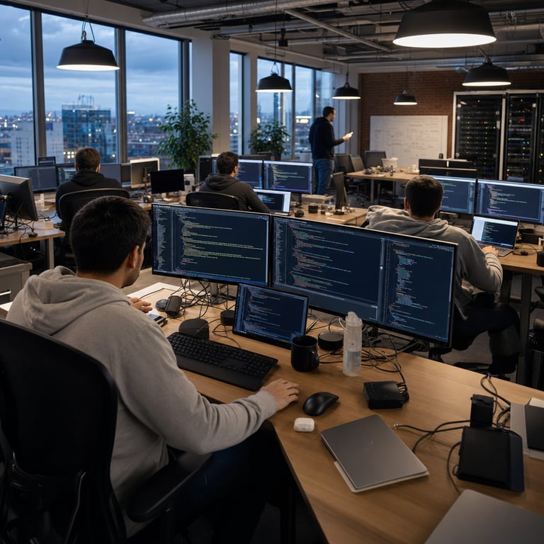A realistic live-action photograph of an anonymous software engineering team collaborating inside a modern open-plan technology office workspace with large windows overlooking an urban cityscape at dusk featuring rows of individual desks equipped with multiple large flat-screen monitors displaying complex lines of colorful syntax-highlighted programming code without any visible text or logos multiple wireless keyboards and ergonomic mice scattered across surfaces alongside open laptops connected via visible ethernet cables and USB hubs to external drives and routers symbolizing high-capacity data processing and million-token context handling in agentic coding workflows several back-turned generic figures wearing casual hoodies and jeans seated at stations actively typing and reviewing code snippets on screens one person standing near a central conference table covered with printed technical diagrams and notepads gesturing toward a shared display area showing abstract flowcharts of automated coding agents the environment includes potted plants along window sills neutral-toned carpet flooring exposed brick accent walls overhead pendant lighting fixtures soft natural light mixing with warm interior illumination scattered reusable coffee mugs and water bottles on desks along with charging cables and portable hard drives emphasizing the new developer API accessibility for tools like integrated development environments from partners such as Replit and Cline in a setting that evokes Meta Superintelligence Labs innovation with subtle hardware racks in the background containing server units and networking equipment representing the public Meta Model API rollout and benchmark performance advancements in frontier models the overall composition focuses on the human interaction with digital tools in a professional yet approachable atmosphere highlighting the consumer app availability through everyday workstation elements like wireless earbuds resting beside keyboards and collaborative whiteboards in the distance filled with handwritten algorithmic sketches all elements arranged to convey the real-world deployment of Muse Spark 1.1 for agentic coding tasks without any overt branding or textual indicators ensuring a documentary-style capture of technology professionals engaged in daily development activities within a shared Box-like enterprise collaboration space the scene captures depth through layered perspectives from foreground desk clutter to midground active coders and background architectural details like glass partitions and ceiling ductwork creating a grounded journalistic portrayal of the industry shift toward accessible advanced AI coding models.