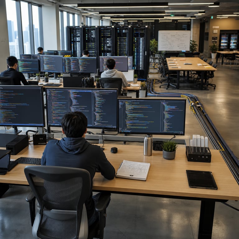 A realistic live-action photograph of a spacious open-plan technology research laboratory inside a contemporary corporate campus building during daylight hours with natural window light illuminating the space. Multiple anonymous software developers wearing casual business attire sit with their backs to the camera at long shared wooden desks arranged in rows. Each workstation features several large flat-panel monitors mounted on adjustable arms displaying blurred colorful lines of syntax highlighting in various programming languages without any readable text or symbols visible. On the desks are scattered wireless keyboards, ergonomic mice, open notebooks with handwritten diagrams, stainless steel coffee thermoses, and small potted succulents. Behind the desks stand tall black server racks with blinking status lights and neatly bundled network cables running along cable trays on the floor. Large windows reveal a blurred city skyline outside. The room contains additional elements including whiteboards covered in abstract flowcharts, charging stations for laptops, and a central conference table holding printed technical documents and a single tablet device. The overall atmosphere conveys focused collaborative work on large-scale software repository tasks with persistent terminal sessions running in the background. Subtle details include wall-mounted acoustic panels, overhead LED task lighting fixtures, and a distant view of a break area with vending machines. The composition emphasizes hardware infrastructure supporting advanced AI coding agents, including multiple GPU-accelerated workstations and organized storage arrays for handling extensive context windows during development workflows. Every surface shows realistic wear such as minor scuffs on desk edges and faint reflections on polished monitor bezels. The scene avoids any logos, brand markings, words, numbers or identifiable individuals while grounding the visual narrative in professional software engineering environments associated with frontier AI model releases for code assistance tools.