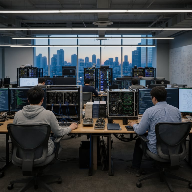 A single continuous real-world photograph of a spacious open-plan technology research laboratory interior featuring two adjacent anonymous engineers seated at long shared wooden desks covered with multiple computer monitors keyboards and server hardware units. One engineer viewed from behind wearing a plain gray hoodie works on a high-performance workstation with visible internal components exposed showing dense arrays of graphics processing units connected by thick cabling while running complex autonomous agent simulations for extended coding sequences. The second engineer similarly anonymized in a blue button-down shirt operates a parallel setup with different hardware configurations emphasizing efficient cooling systems and compact accelerator cards optimized for long-horizon task execution. Between the two stations sit shared reference materials including technical binders and printed circuit boards without any markings. The background shows floor-to-ceiling windows revealing an urban skyline at dusk with soft natural light illuminating rows of additional rack-mounted servers blinking with status indicators and organized cable management systems. Scattered on the desks are coffee mugs notebooks and ergonomic chairs positioned for prolonged collaborative sessions focused on agentic artificial intelligence applications in software development. The overall environment includes subtle details like ventilation grilles overhead lighting fixtures and distant whiteboards covered in abstract diagrams representing algorithmic workflows. The scene captures the competitive yet professional atmosphere of rival technology organizations advancing pricing-efficient models for autonomous coding agents through visible hardware diversity and focused human oversight in a realistic corporate research setting with no visible text or logos anywhere in the frame.