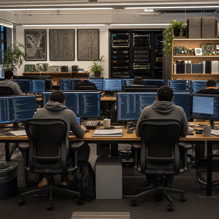 A spacious modern technology development workspace inside a corporate research facility features multiple anonymous software engineers seated at long shared wooden desks with their backs facing the viewer wearing plain casual attire such as gray hoodies and dark jeans while working on expansive multi-monitor computer setups connected to external hard drives and network cables the monitors display dense lines of programming syntax and hierarchical file structures representing vast code repositories with no legible characters or symbols visible anywhere in the environment scattered across the desks are mechanical keyboards ergonomic mice stacks of printed technical documentation with abstract diagrams and flowcharts lacking any readable content empty coffee mugs and notepads filled with handwritten sketches of system architectures a background wall holds framed abstract circuit board patterns and a large server rack cabinet filled with rows of black hardware units and blinking status indicators symbolizing high-capacity computational resources for handling extensive data contexts and ongoing automated processes nearby shelves contain rows of technical reference volumes with blank spines and prototype electronic components including circuit boards and sensor modules arranged neatly the floor features organized cable management trays leading to central power distribution units and cooling vents the overall arrangement conveys collaborative focus on prolonged intricate software development tasks involving persistent automated assistants operating across extensive multi-file projects in a professional setting associated with advanced artificial intelligence model releases from organizations specializing in large-scale language systems and coding tools the engineers occasionally reach for additional hardware peripherals like external drives or reference tablets showing complex project trees and agent interaction logs without any textual elements the scene emphasizes hardware integration with human oversight in environments supporting million-scale token processing and multi-hour autonomous coding sessions across interconnected repository systems typical of frontier technology labs developing specialized coding models and beta interfaces for model application programming the arrangement includes additional elements such as potted plants for a natural touch secondary workstations with dual displays showing repository commit histories in visual graph form without words and collaborative whiteboards covered in non-verbal schematic drawings of agent workflows and context window expansions all elements grounded in real-world photojournalistic capture of a technology news story about Meta releasing Muse Spark 1.2 alongside Muse Code beta features for Meta Model API users at Meta Superintelligence Labs