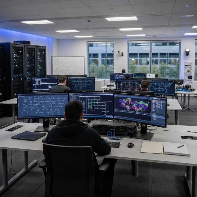 A realistic photojournalistic scene inside a modern Microsoft cybersecurity operations center featuring rows of anonymous analysts seated at ergonomic desks with their backs to the camera working on multiple large flat-panel monitors displaying abstract network topology diagrams colorful threat heatmaps and data flow visualizations without any readable text or logos the room has clean white walls with subtle blue accent lighting overhead fluorescent panels and large glass windows overlooking a corporate campus exterior the analysts wear standard business casual attire with no visible faces or distinctive features one central workstation shows a compact server rack unit integrated with MDASH interface hardware featuring blinking status LEDs and connected cabling representing the MAI-Cyber-1-Flash model deployment several monitors illustrate a multi-model agentic workflow with visual indicators of routine tasks being processed internally through simple green pathway arrows and complex cases escalated via red branching lines to specialized sub systems the environment includes nearby server cabinets with cooling vents and cable management trays a whiteboard in the background covered in non-text technical schematics and diagrams reference to CyberGym benchmark testing setup appears through scattered hardware testing rigs with performance meters and evaluation modules Project Perception elements are suggested by wall-mounted sensors and perception array prototypes mounted discreetly on the ceiling the overall composition shows a calm professional atmosphere with focus on hardware integration and operational monitoring of the specialized cybersecurity AI system deployed at scale across the facility desks hold generic keyboards mice and notebooks with no markings the floor features standard gray carpeting and power distribution units the lighting is even and functional emphasizing the technological infrastructure supporting the new AI model in a real-world enterprise security environment with subtle reflections on polished surfaces and depth from multiple perspective angles creating a grounded documentary style capture of the launch context.