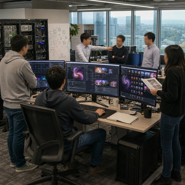 Inside a spacious modern open-plan technology office filled with rows of ergonomic desks and multiple high-resolution computer monitors displaying intricate abstract colorful patterns representing generated images alongside complex graphical data visualizations of performance metrics without any visible letters numbers or symbols a group of anonymous professionals in business casual attire including button-down shirts slacks and sweaters sit and stand clustered around central workstations one individual points toward a screen showing layered image composition outputs while others review printed sheets of detailed diagrams and hardware components such as exposed server racks with visible circuit boards and cooling fans line the back wall under bright overhead fluorescent lighting the environment includes scattered coffee mugs notebooks with blank pages and various electronic peripherals like keyboards mice and external hard drives symbolizing collaborative development efforts in generative artificial intelligence models focused on text-to-image synthesis quality improvements and leaderboard positioning progress by a leading software corporation the scene captures a moment of focused discussion among the team members with one person seated at a desk manipulating a graphical interface featuring swirling vector shapes and high-fidelity rendered sample outputs of photorealistic scenes while adjacent monitors show comparative visual grids of image fidelity examples the overall composition emphasizes hardware elements like multi-monitor setups powerful desktop towers with transparent side panels revealing internal graphics processing units cables neatly organized under desks and background elements including large windows overlooking an urban skyline with distant buildings and greenery the professionals exhibit engaged body language with arms crossed or leaning forward in concentration conveying ongoing advancements in artificial intelligence capabilities for image creation accuracy and overall output excellence in a competitive arena setting without depicting any specific individuals faces or recognizable traits the environment remains strictly professional and technology-oriented with emphasis on physical objects such as network routers indicator lights blinking on equipment stacks whiteboards covered in non-text diagrams of neural network architectures and shelves holding technical reference books with blank spines the detailed view includes textures of fabric on clothing carpet flooring reflections on glossy monitor surfaces and subtle shadows cast by desk lamps creating a realistic live-action photojournalistic capture of innovation in machine learning research for visual content generation systems.