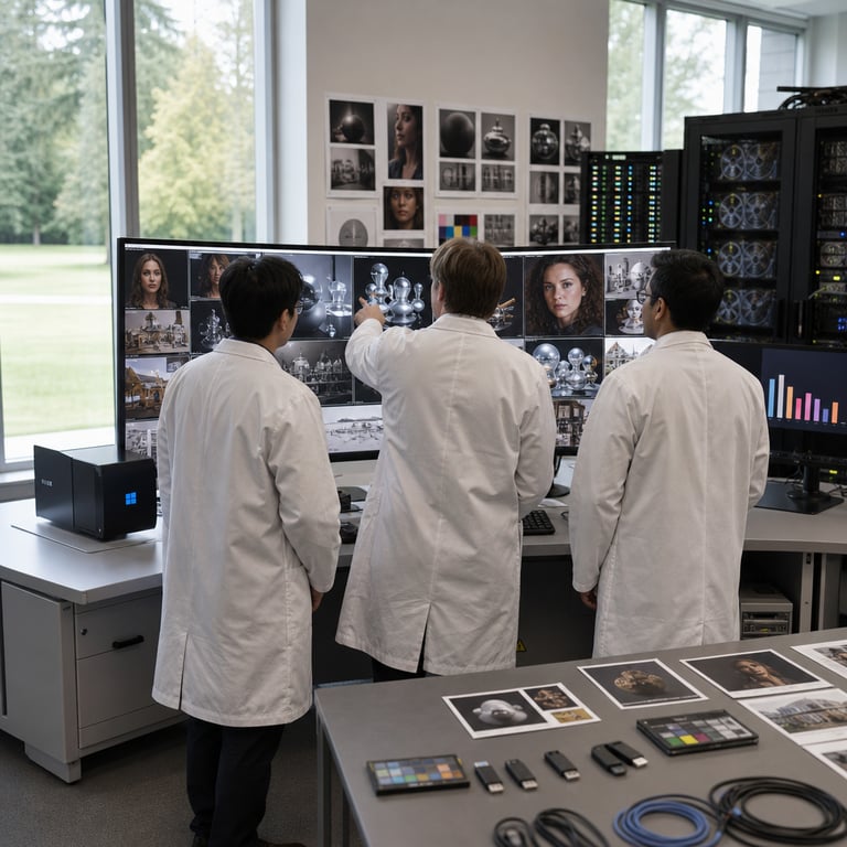 Inside a spacious modern Microsoft technology research laboratory in Redmond Washington a team of anonymous engineers wearing standard white lab coats and dark slacks stand with their backs to the camera examining a large curved monitor array mounted on a clean white desk the monitors display multiple high resolution AI generated images side by side including detailed realistic human portraits with accurate skin textures and natural lighting intricate three dimensional objects such as metallic spheres reflective glass sculptures and architectural models with precise depth and shadows and complex scenes featuring rendered text elements that remain legible yet without any visible letters numbers or logos the entire setup rests on a minimalist gray desk surface surrounded by black server racks with blinking status lights rows of high performance GPUs visible through transparent panels and scattered professional photography reference prints showing portrait lighting setups and 3D model prototypes on the walls soft natural daylight streams through large windows overlooking a green campus lawn creating a calm focused atmosphere the engineers gesture toward specific areas on the screens highlighting improvements in rendering quality and detail fidelity compared to previous model iterations the scene includes visible hardware components such as cables neatly bundled USB drives labeled generically and calibration color charts placed on the desk edge a second monitor in the background shows a simple bar style ranking visualization without any text or numbers only colored bars of varying heights the overall environment features neutral corporate colors white walls gray carpet blue accent panels and subtle Microsoft branded hardware logos that are abstract and non textual conveying a professional evaluation session focused on image generation advancements in text rendering portrait fidelity and three dimensional modeling capabilities that position the current system competitively against other major technology providers the composition centers on the interaction between the human figures and the displayed imagery emphasizing the real world application of advanced artificial intelligence tools in a production evaluation setting with precise attention to material textures like brushed aluminum monitor bezels matte plastic keyboard surfaces and the fine grain of printed reference materials scattered across the workspace