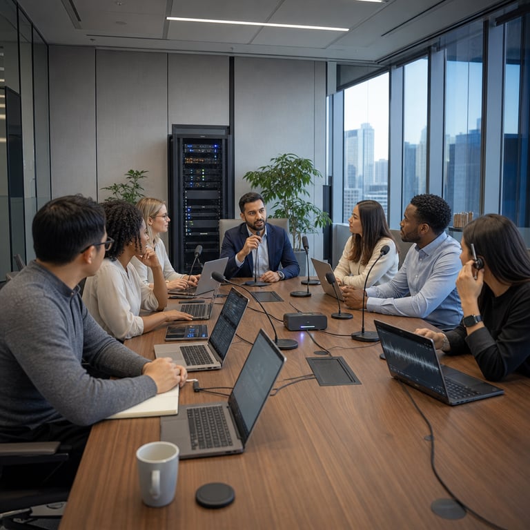 In a modern open-plan corporate office with floor-to-ceiling windows overlooking an urban skyline, a diverse team of eight anonymous business professionals wearing business casual attire sits around a large rectangular conference table during a multilingual strategy session. On the polished wooden table rest multiple black wireless microphones positioned at even intervals, connected via thin cables to slim silver laptops running enterprise software interfaces without any visible lettering. One professional in a navy blazer speaks into a microphone while colleagues from varied ethnic backgrounds listen attentively, some holding tablets displaying waveform graphics. In the background, a server rack with blinking indicator lights stands against a neutral gray wall next to potted plants and ergonomic office chairs. The scene captures the real-world application of advanced speech recognition technology in a global enterprise environment, emphasizing seamless audio capture for transcription across languages. Additional details include scattered notepads with handwritten symbols, coffee cups, and wireless charging pads, all contributing to an authentic business atmosphere where MAI-Transcribe-2 capabilities integrate with Azure Speech Service infrastructure to achieve low error rates on benchmarks like FLEURS. The professionals appear engaged in discussion involving international partners, with one individual adjusting a headset connected to a central hub device representing Microsoft AI deployment. Lighting from overhead fixtures creates soft shadows across the table surface, highlighting the hardware and collaborative dynamics without any digital overlays or markings. This setting truthfully reflects how businesses leverage competitive pricing and advanced features for handling complex audio transcription tasks in real-time multilingual meetings, showcasing generic enterprise hardware, anonymous figures, and office environments tied directly to Microsoft technologies for speech processing.