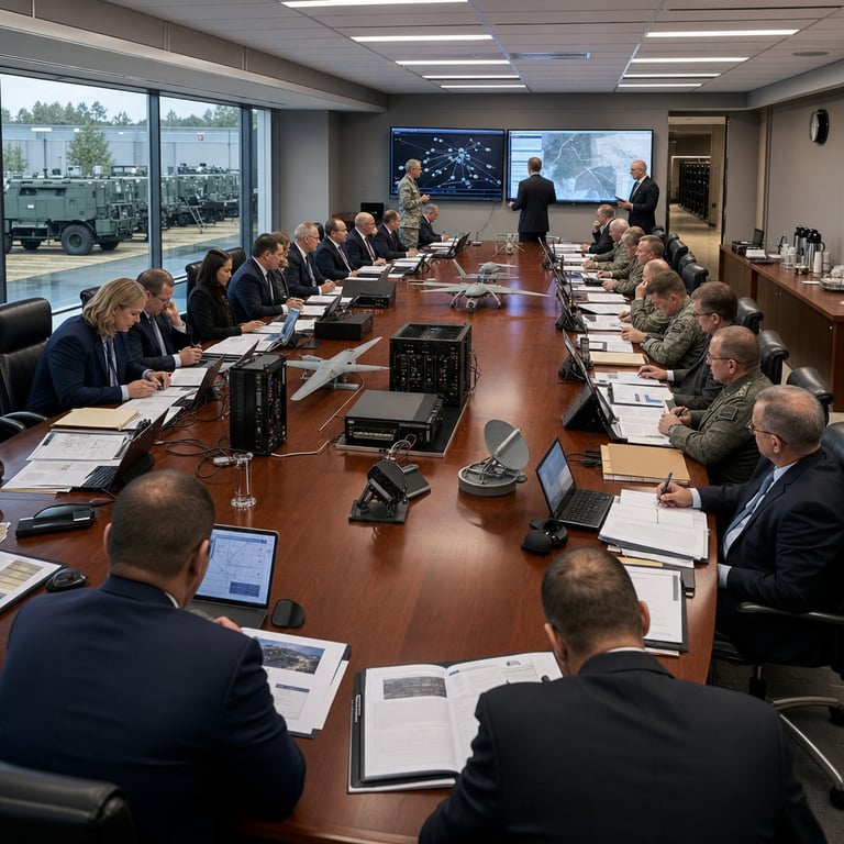 A spacious secure conference room inside a large anonymous government defense complex features a long polished oak table surrounded by more than twenty generic professionals including men and women in dark business suits and others in standard military uniforms seated in high-backed chairs all facing inward with neutral expressions while examining open laptops tablets and printed binders containing dense charts and diagrams of complex algorithmic systems and hardware schematics. The background shows floor-to-ceiling windows revealing an adjacent courtyard holding several parked generic armored vehicles and containerized server units marked only by small unreadable serial plates. On the table surface rest physical scale models of unmanned aerial systems sensor arrays and black server racks representing cloud-based artificial intelligence infrastructure alongside stacks of sealed manila folders and black USB drives. Several anonymous figures stand near wall-mounted displays showing abstract network graphs and geospatial overlays without any legible text or branding. The room includes neutral gray walls recessed ceiling panels neutral carpet and rows of overhead fluorescent panels creating even illumination across the entire space. Additional details include a side credenza holding coffee carafes water pitchers and generic nameplate holders without names a large projection screen retracted into the ceiling a digital clock displaying time without branding and multiple power cables neatly routed along the floor edges. The seated individuals include several with their backs turned toward the viewer leaning forward to point at shared laptop screens while others take handwritten notes on notepads. The overall environment conveys a formal high-stakes professional meeting focused on technology integration for defense applications with visible elements such as cooling vents on server units fiber optic cables connecting devices and a distant view through an open doorway showing a hallway lined with additional equipment racks and storage lockers. Every surface and object is rendered with precise material textures including wood grain on the table metallic finishes on hardware fabric weaves on clothing and subtle reflections on glass tablet screens creating a dense realistic live-action scene grounded entirely in real-world defense contracting environments without any words numbers logos or identifiable individuals present.