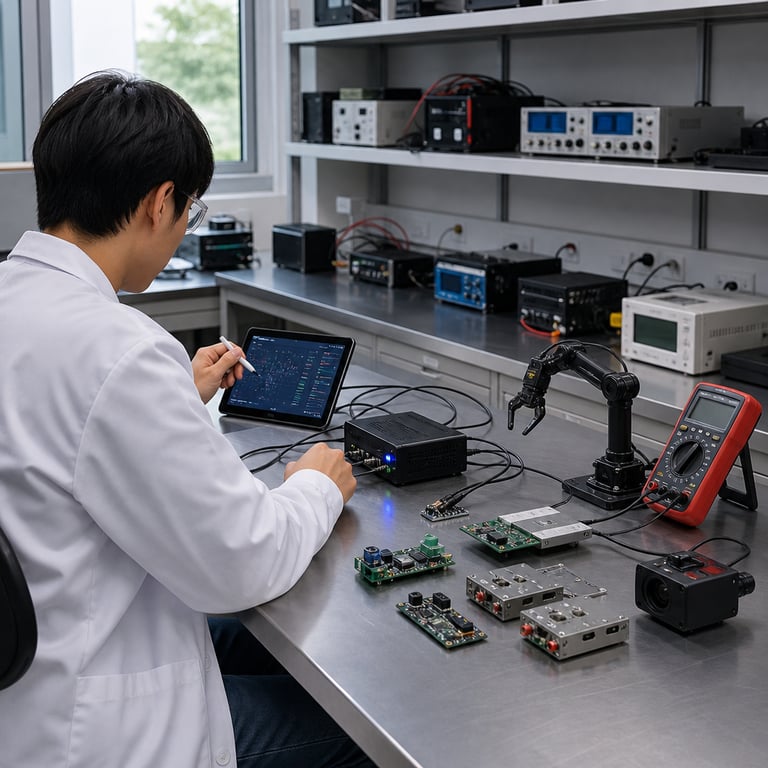 In a brightly lit modern technology laboratory with neutral gray walls and large windows allowing natural daylight to flood the space a single anonymous technician wearing a plain white lab coat and safety glasses sits with their back partially turned to the viewer at a long stainless steel workbench covered in neatly arranged electronic components including small circuit boards sensor modules and compact hardware enclosures the central focus rests on a palm-sized edge computing device no larger than a paperback book connected via multiple thin cables to peripheral tools such as a temperature probe a small mechanical gripper arm a digital multimeter and a low-power camera module all positioned on the workbench surface to illustrate real-time tool calling and multi-step reasoning the device itself features a matte black metal chassis with visible ventilation slots and status indicator lights glowing softly in blue and green the technician holds a stylus in one hand hovering over a connected portable display screen that shows abstract graphical interfaces without any readable text or numbers while their other hand adjusts a nearby sensor array the background includes additional shelves stocked with similar compact hardware units power supplies and testing equipment arranged in orderly rows creating a sense of organized research activity the entire composition emphasizes efficiency and resource-limited operation through the small scale of the primary computing unit relative to the surrounding tools and the absence of large server racks or bulky traditional computers the scene captures the collaborative development spirit between organizations focused on advanced compact models by depicting practical deployment on constrained hardware in a professional setting with every detail rendered in photorealistic clarity showing textures of metal plastic and wiring along with subtle reflections on the workbench surface and the precise positioning of each connected component to demonstrate agentic capabilities in a tangible real-world environment