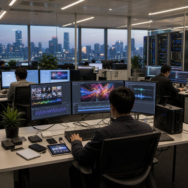 Inside a sleek open-plan technology research facility located in Shanghai a group of anonymous engineers and technicians work at long rows of modern workstations equipped with multiple large flat-panel monitors displaying abstract colorful video frames sequences of motion graphics and waveform patterns representing audio integration all without any visible text numbers or logos. One engineer sits facing away from the viewer manipulating a keyboard and mouse connected to a high-performance computing rig with visible server racks humming in the background their posture focused on generating short video clips from combined text image and audio inputs. Nearby another technician reviews output clips on a separate monitor showing realistic 2K resolution footage of everyday scenes like urban streets and natural landscapes with synchronized sound indicators visualized through dynamic line graphs. The environment features contemporary Chinese office architecture with large windows overlooking the Shanghai skyline at dusk soft ambient lighting from overhead panels and subtle reflections on polished surfaces. Additional details include scattered external hard drives USB connected peripherals tablet devices showing static multimodal input examples such as photographs of objects and short video thumbnails all arranged neatly on desks alongside ergonomic chairs and cable management systems. The scene captures the collaborative atmosphere of advancing open-source artificial intelligence tools for video synthesis that directly compete with proprietary systems from major industry players emphasizing hardware infrastructure and human oversight in a real-world professional setting. Engineers wear standard business casual attire with no distinguishing features or faces visible to maintain anonymity. The overall composition includes layered elements like potted plants for environmental context reflective glass partitions separating work zones and background activity from other staff members engaged in similar tasks involving data processing and model testing all grounded in the practical deployment of a large-scale parameter model capable of handling diverse input modalities to output concise video segments with integrated audio. This realistic live-action view highlights the technical workspace environment associated with innovative AI development in China without any artistic embellishments or non-photographic elements ensuring a truthful representation of the news story about the launch of advanced multimodal video generation technology.