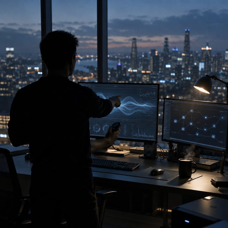 Engineer in silhouette pointing at a monitor with data curves in a cloud operations center, city skyline visible.