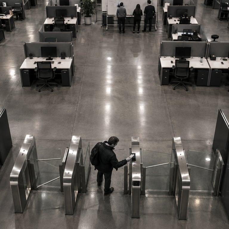 A person swiping a badge at a turnstile in a corporate lobby, referencing MiniMax's gated model release.