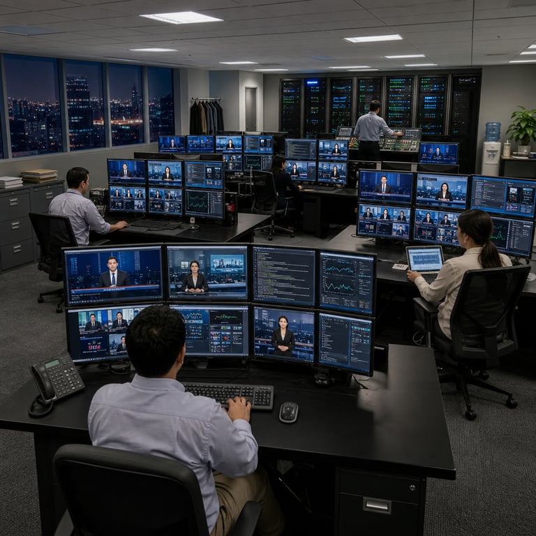 A spacious high-tech news production control room inside a modern broadcast facility features multiple long rows of matte black desks arranged in parallel lines each holding clusters of flat-panel monitors arranged in grids of six or eight units per station with screens showing animated digital human figures in dark suits and blouses positioned behind virtual anchor desks in simulated studio environments complete with subtle background graphics of abstract cityscapes and data visualizations while additional monitors display scrolling lines of code snippets graphs of engagement metrics and multi-panel interview layouts with synthetic guest representations all without any readable characters or symbols server racks line the rear wall with rows of blinking green and blue LED status lights indicating active processing units and cooling fans visible through perforated metal doors several anonymous operators wearing neutral-toned business casual shirts and slacks sit in adjustable ergonomic office chairs with lumbar support facing their workstations one operator has hands positioned on a standard keyboard and mouse another reviews a tablet device showing waveform audio patterns a third stands near a central console adjusting dials on a hardware mixing panel with numerous sliders and buttons cables in black and gray bundles run along cable trays under the desks and connect to wall outlets a water dispenser with paper cups stands in the far corner next to a small table holding a potted ficus plant with broad green leaves overhead rectangular fluorescent panels provide even illumination across the room without harsh shadows large windows along one side reveal an evening urban skyline with distant building lights and faint traffic trails on streets below the floor consists of low-pile gray carpet with subtle geometric patterns and the overall space includes metal filing cabinets against side walls holding stacks of unlabeled folders and a coat rack with several jackets hanging neatly the scene captures the continuous automated production environment testing enterprise-scale artificial intelligence systems for news delivery through avatar-based presentation and synthetic interview generation in a live operational setting.