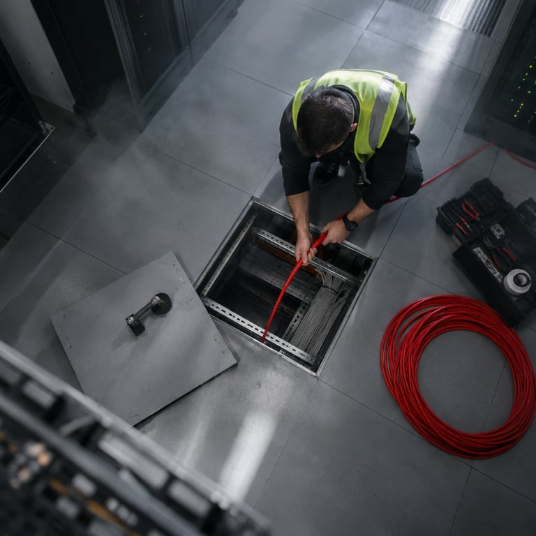 Technician installing red fiber optic cable in a data center for Mistral AI on-prem deployment