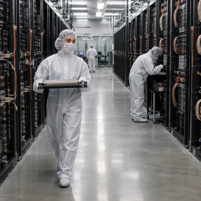 Technician walking through Mistral's datacenter aisle, NVIDIA Grace Blackwell racks receding